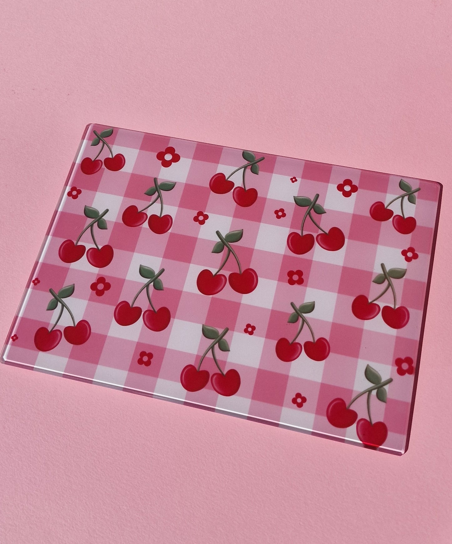 Cherry Gingham Coquette Style Glass Chopping board