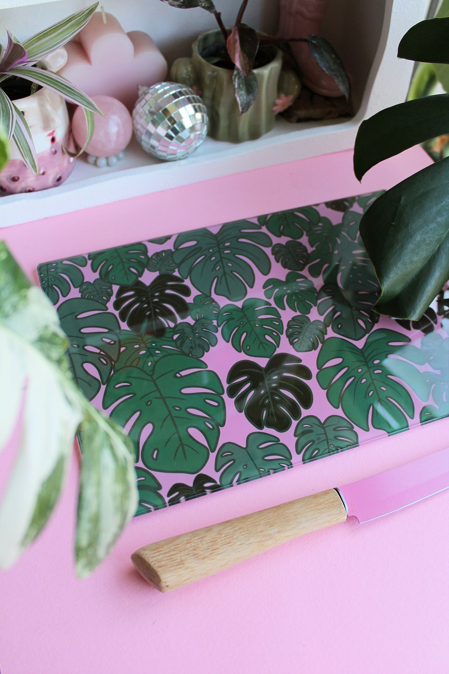Monstera Plant Pink Glass Chopping Board