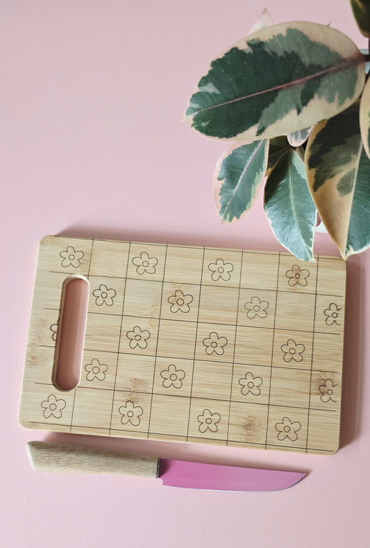 Cute Check Flowers Organic Bamboo Chopping Board