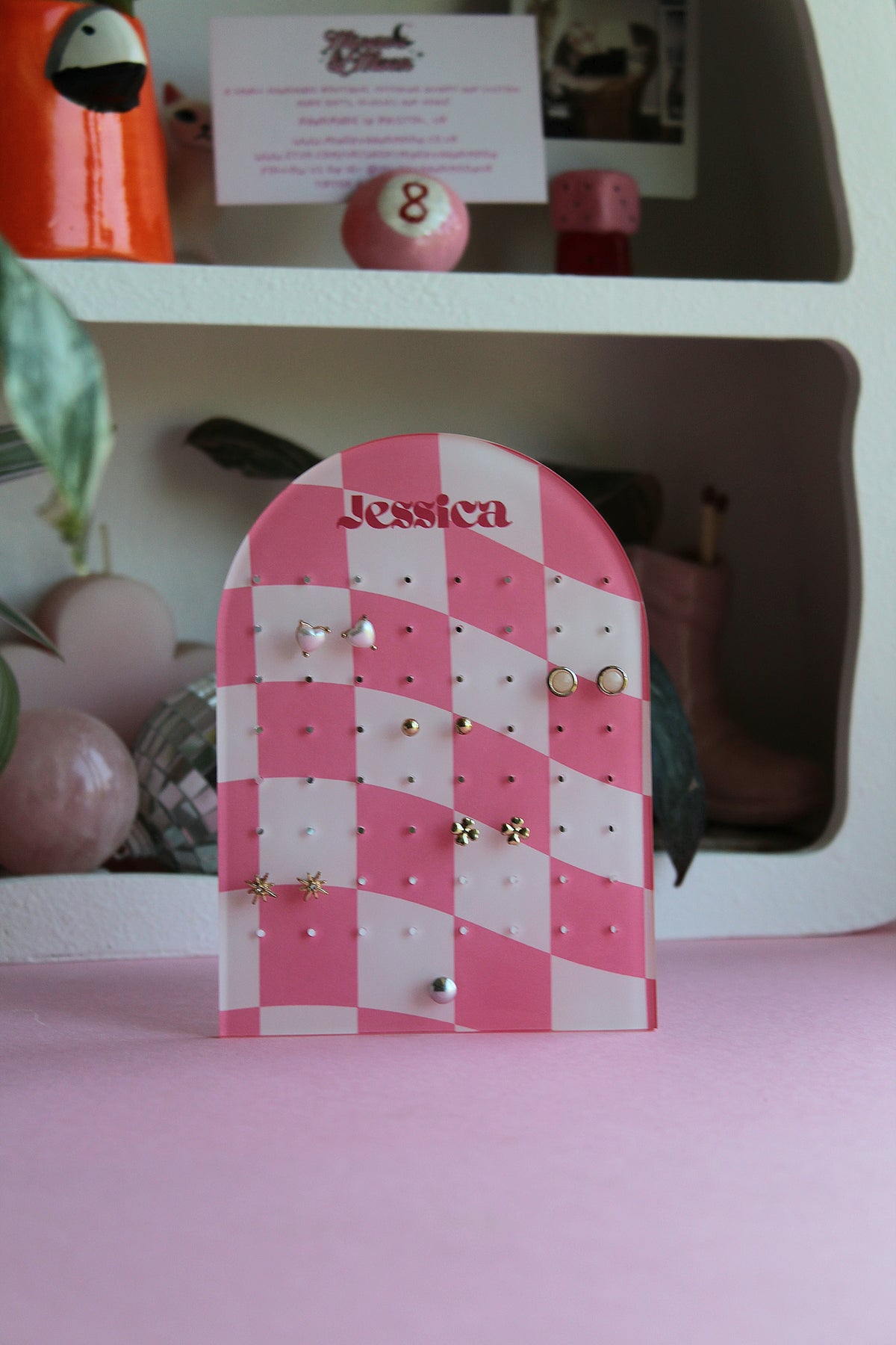 Earring Display Stand | Pink Check Personalised Stand | Holds 32 Pairs of Earrings | Stud Earring Jewelery Holder