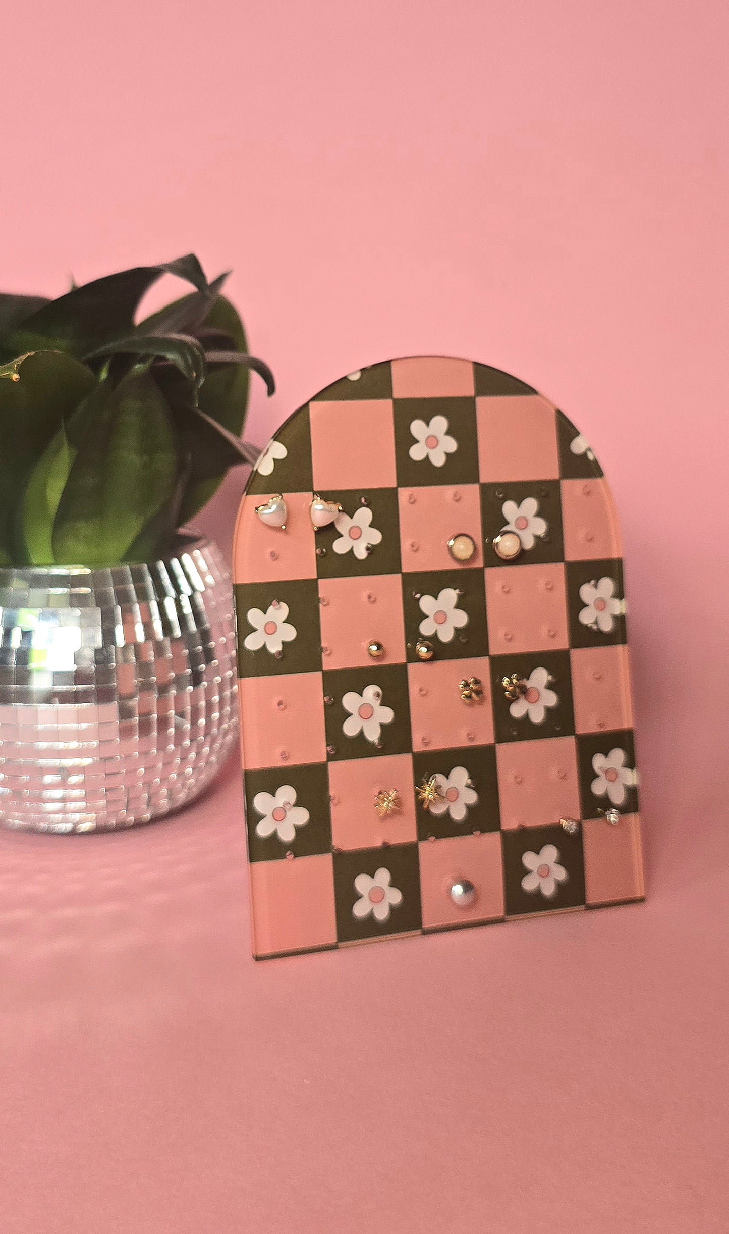 Earring Display Stand | Pink & Green Flowers | Holds 32 Pairs of Earrings | Stud Earring Jewelery Holder