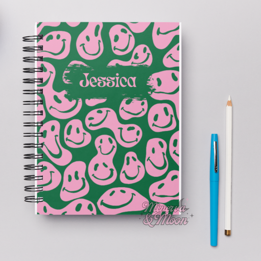 Green & Pink Smileys Notebook | Personalised Stationery