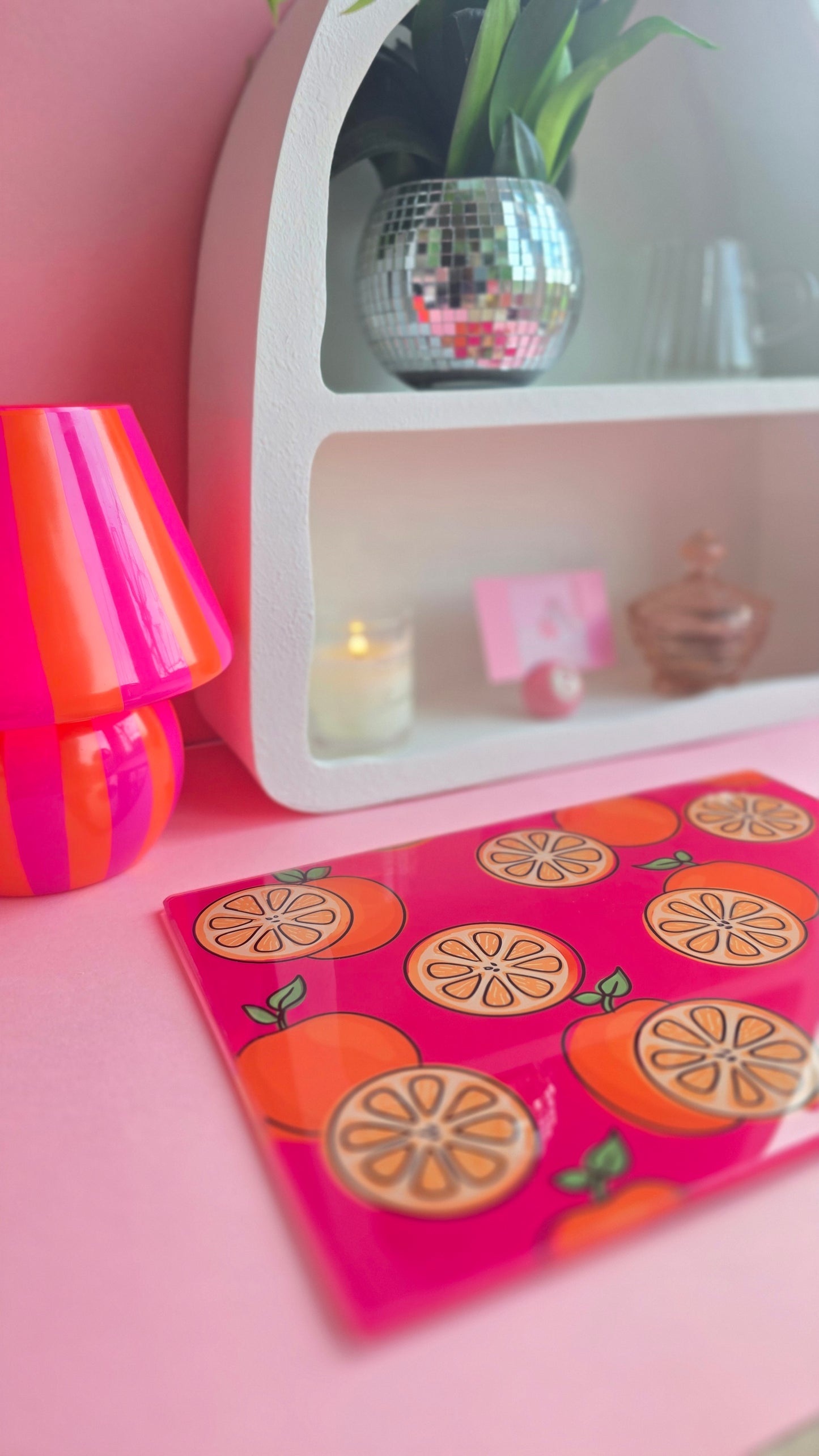 Fruity Oranges On Pink Glass Chopping Board