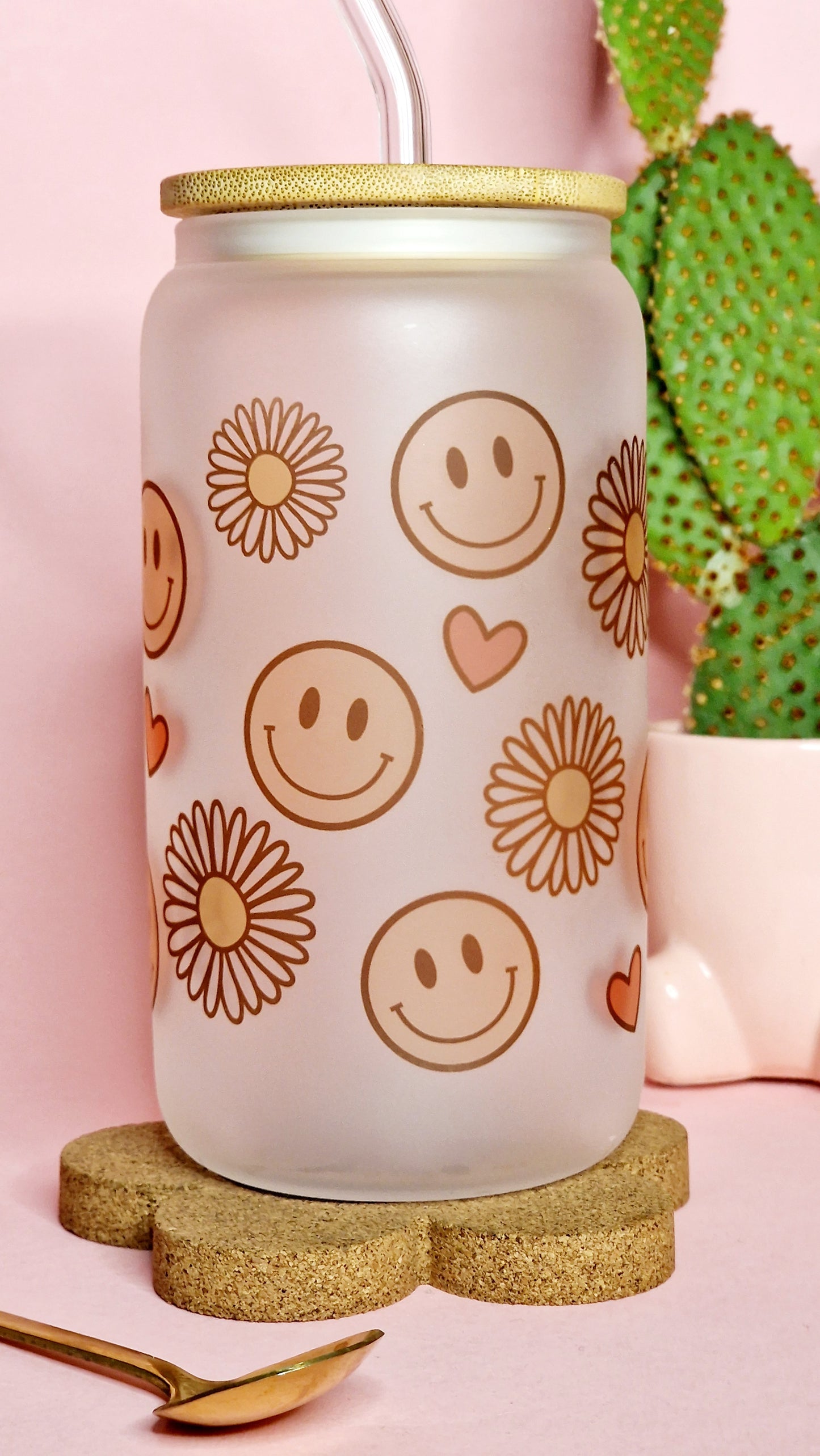 Smileys & Flowers  | 16oz glass can tumbler