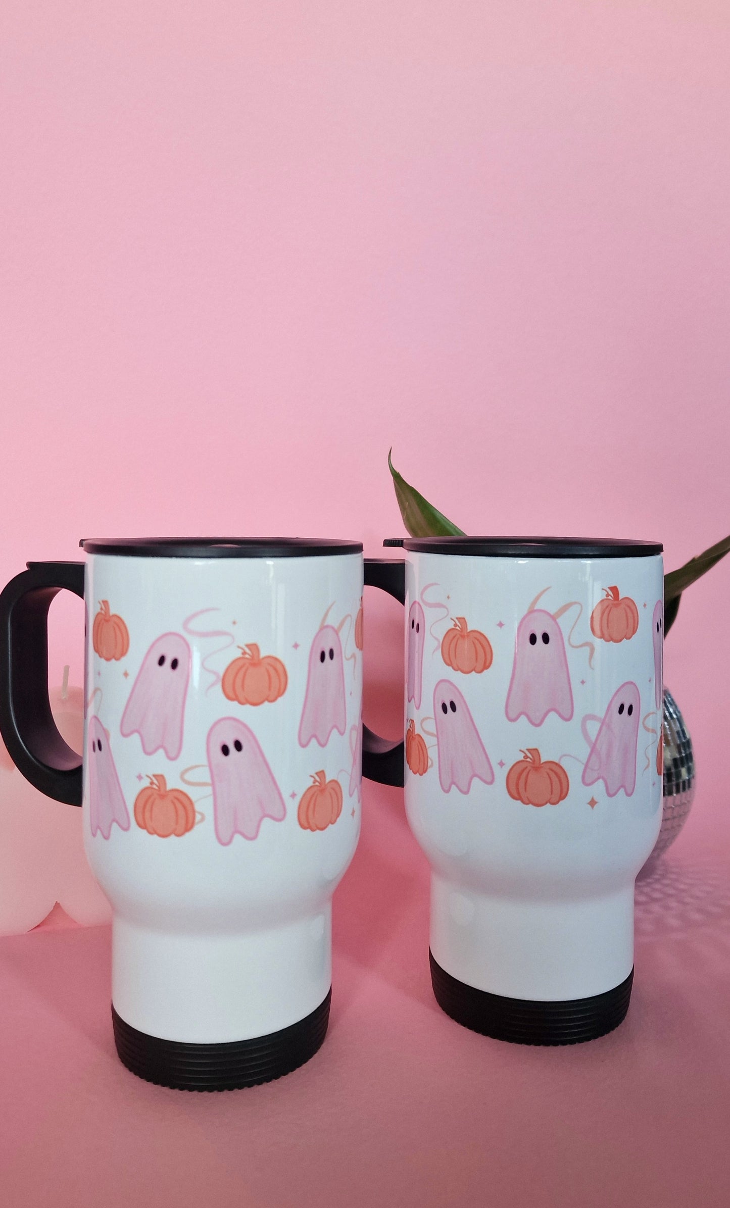 Cute Pink Ghost & Pumpkin Travel Mug