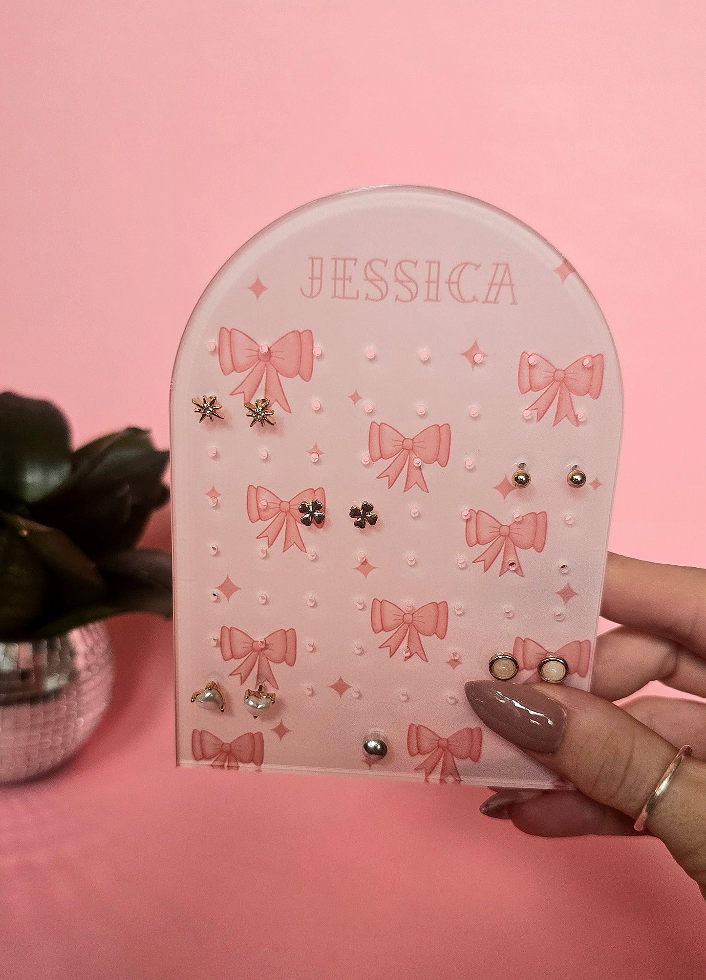 Personalised Earring Display Stand | Pink Bows | Holds 32 Pairs of Earrings | Stud Earring Jewelery Holder