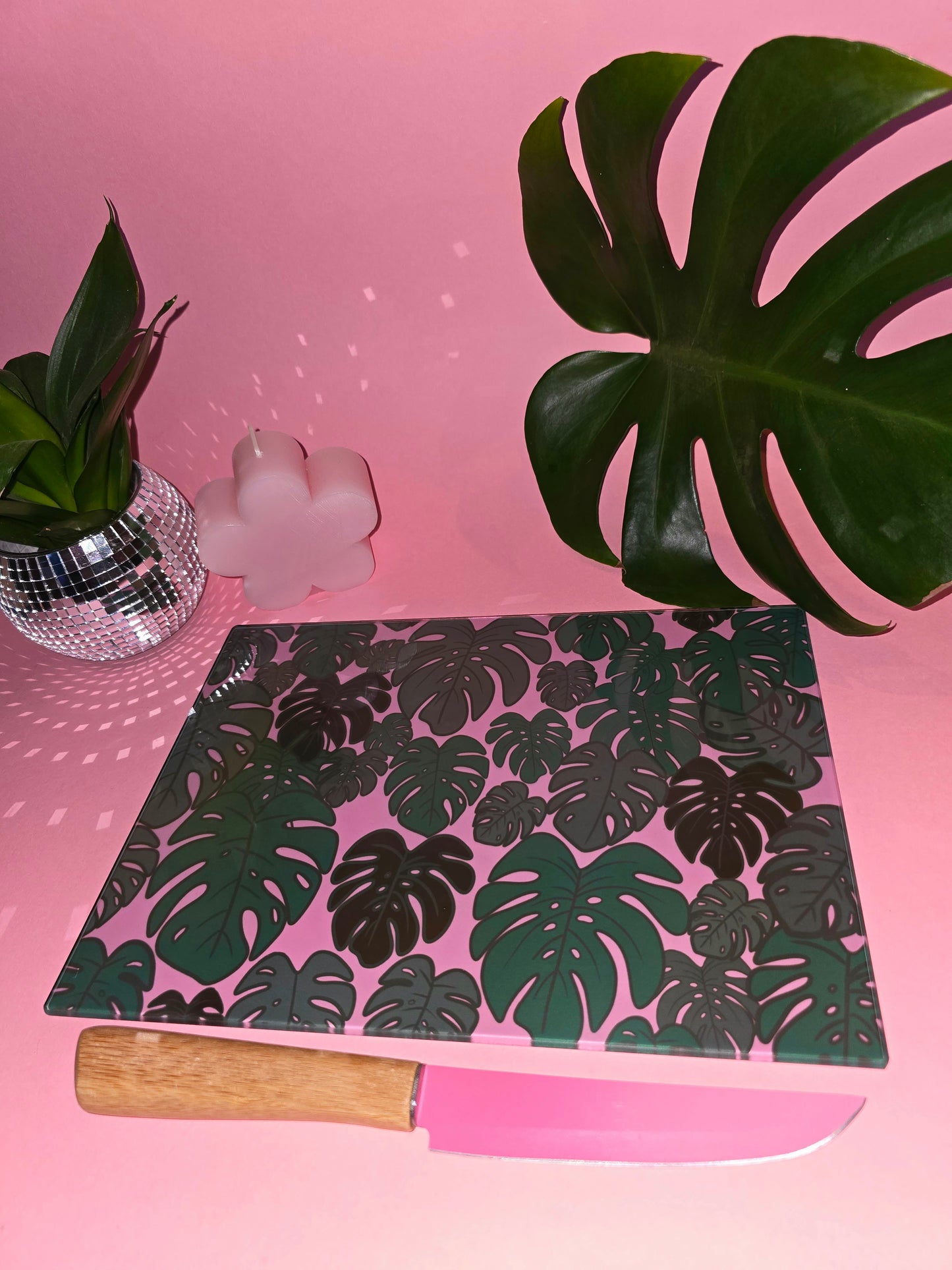 Monstera Plant Pink Glass Chopping Board