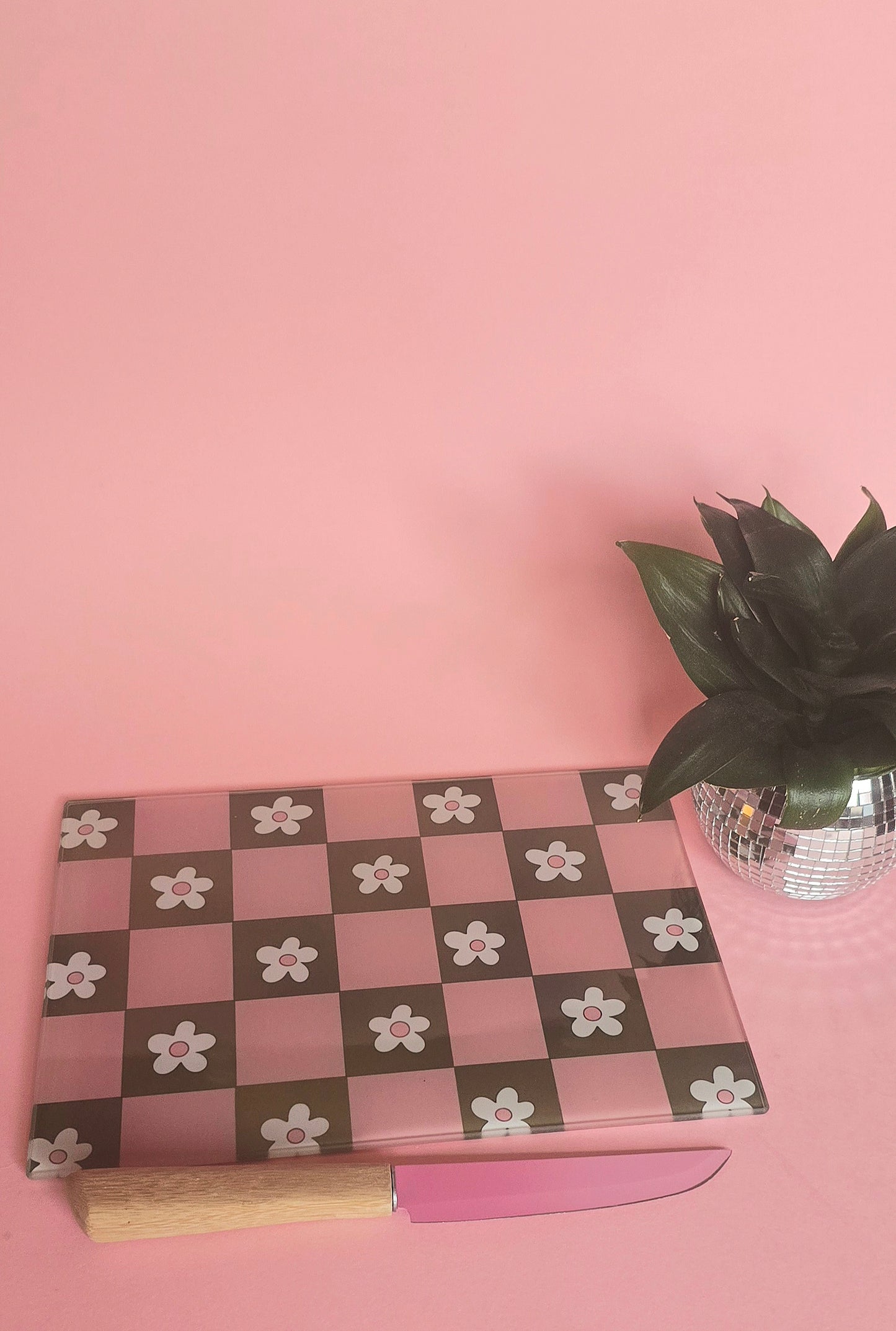 Pink & Green Flowers Glass Chopping Board