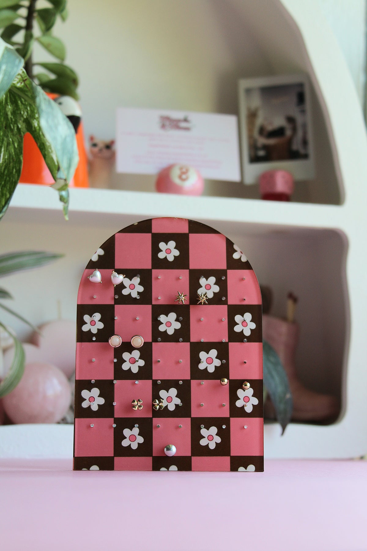Earring Display Stand | Pink & Green Flowers | Holds 32 Pairs of Earrings | Stud Earring Jewelery Holder