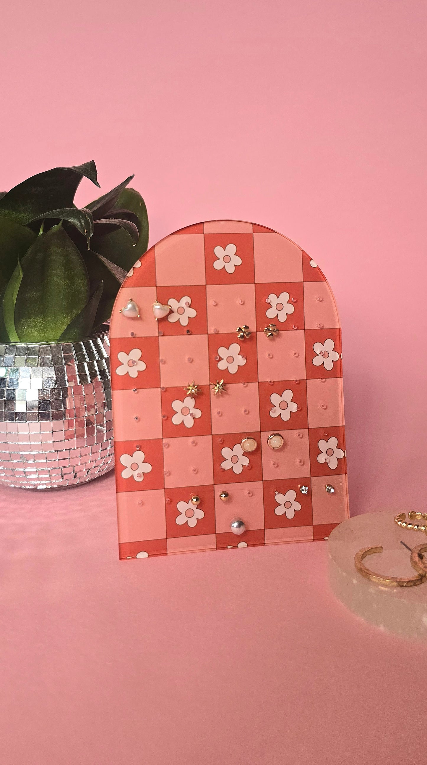 Earring Display Stand | Pink & Red Flowers | Holds 32 Pairs of Earrings | Stud Earring Jewelery Holder