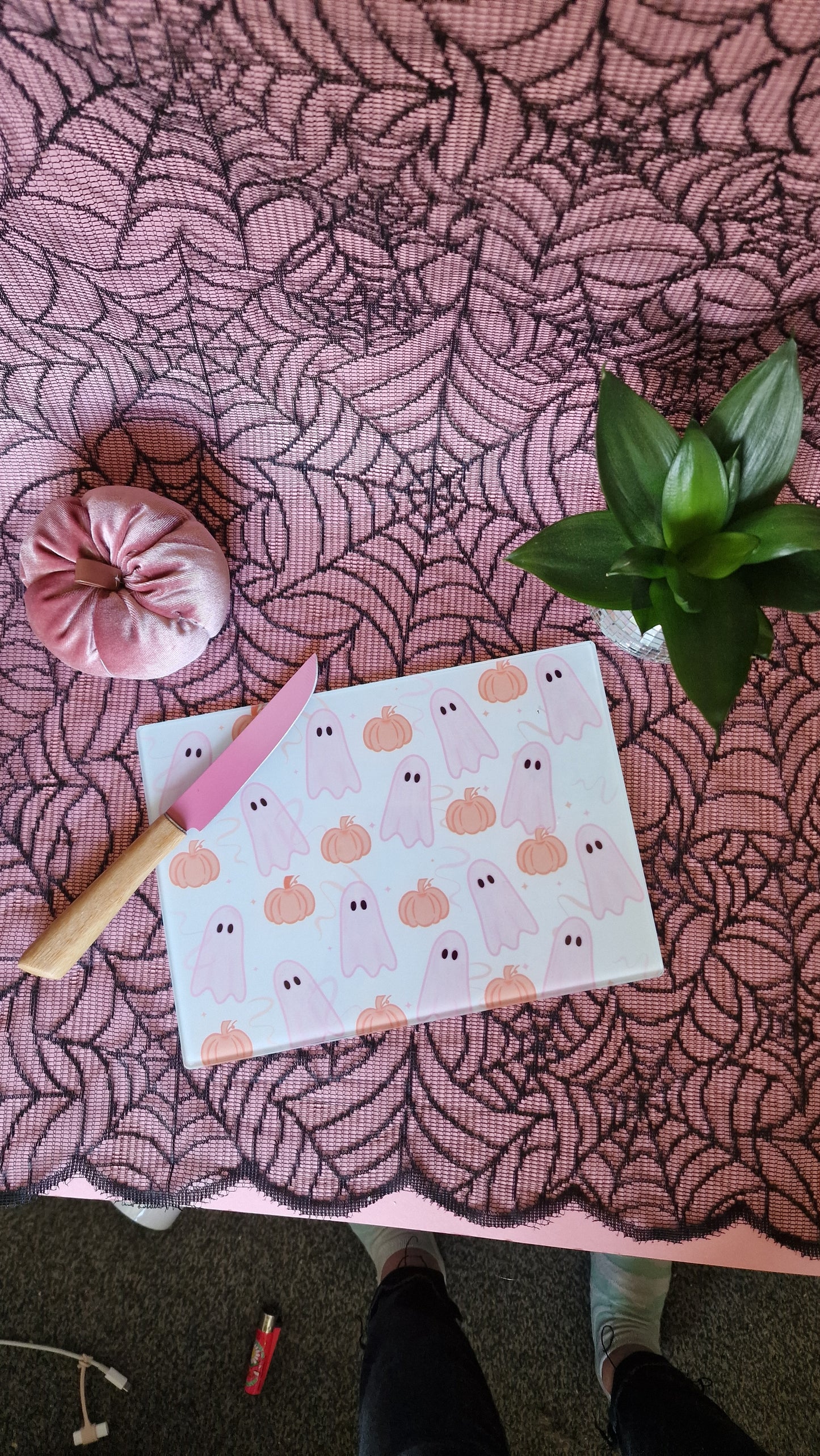 Pink Ghosties & Pumpkin Glass Chopping Board