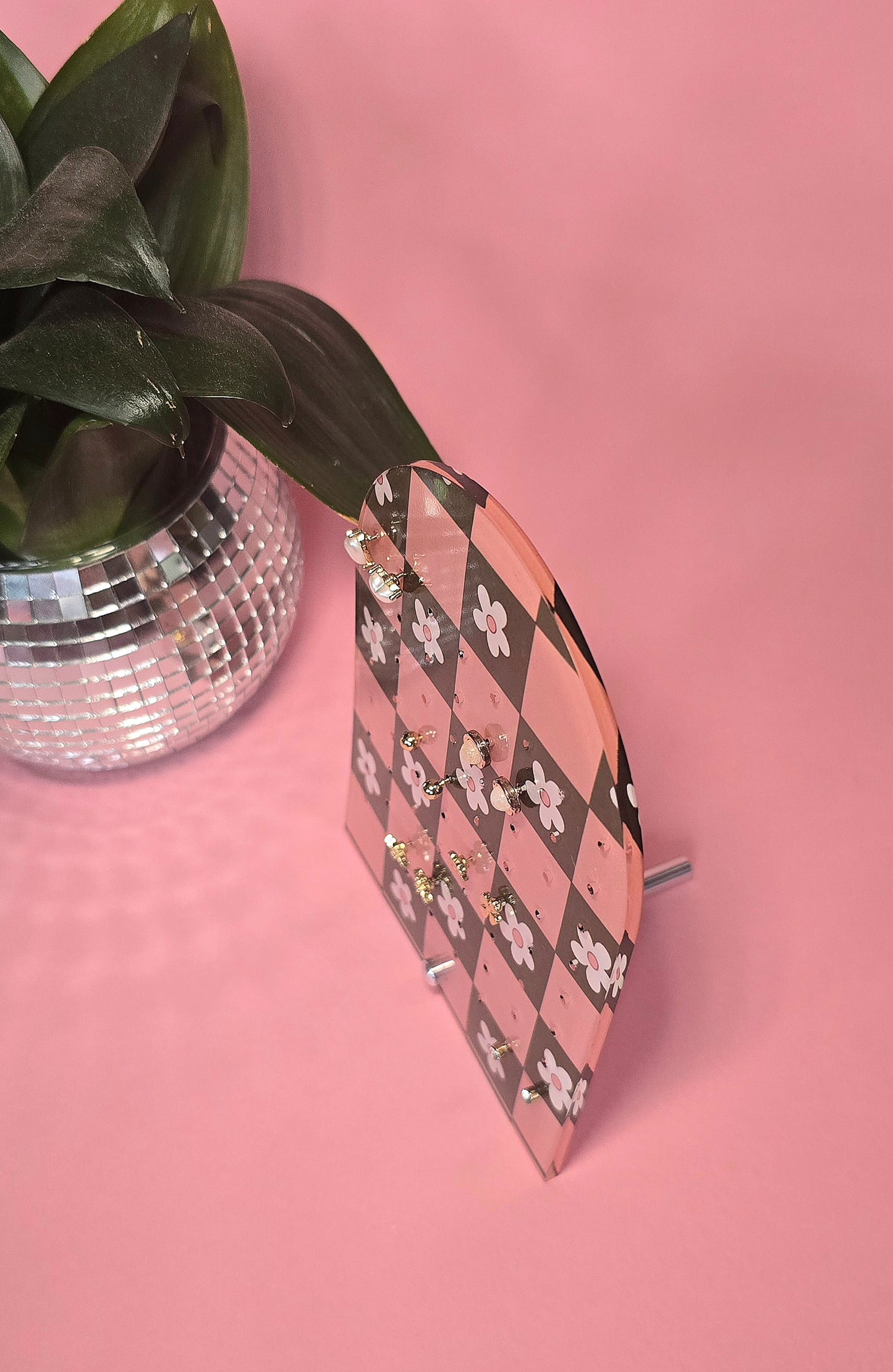 Earring Display Stand | Pink & Green Flowers | Holds 32 Pairs of Earrings | Stud Earring Jewelery Holder