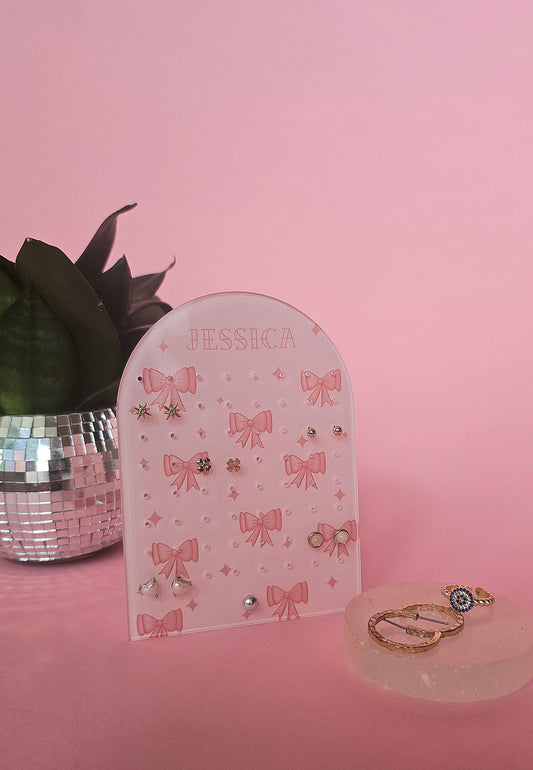 Personalised Earring Display Stand | Pink Bows | Holds 32 Pairs of Earrings | Stud Earring Jewelery Holder