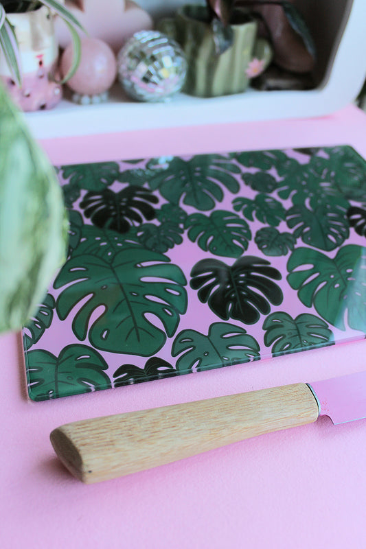 Monstera Plant Pink Glass Chopping Board