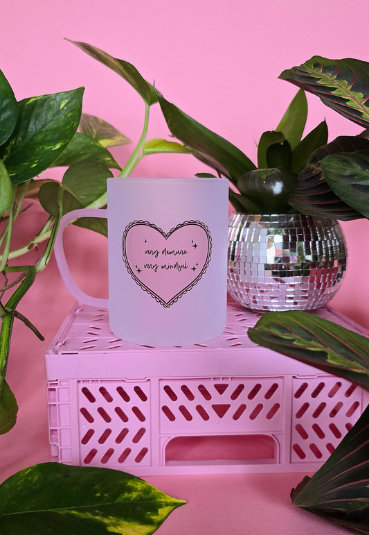 Very Demure Very Mindful | Pink Handled Frosted Glass Mug