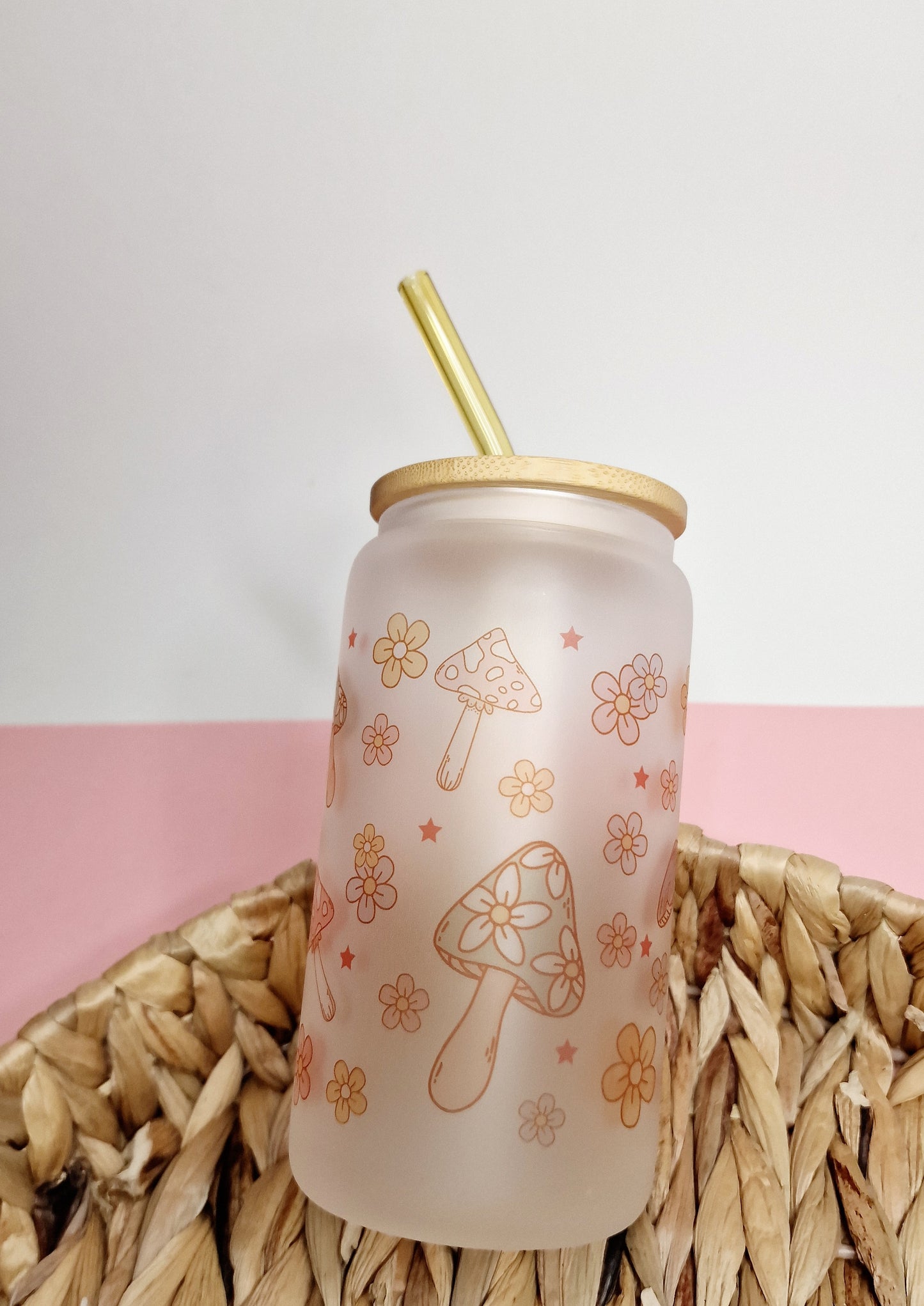 Mushroom & Flowers | 16oz Glass Can Tumbler