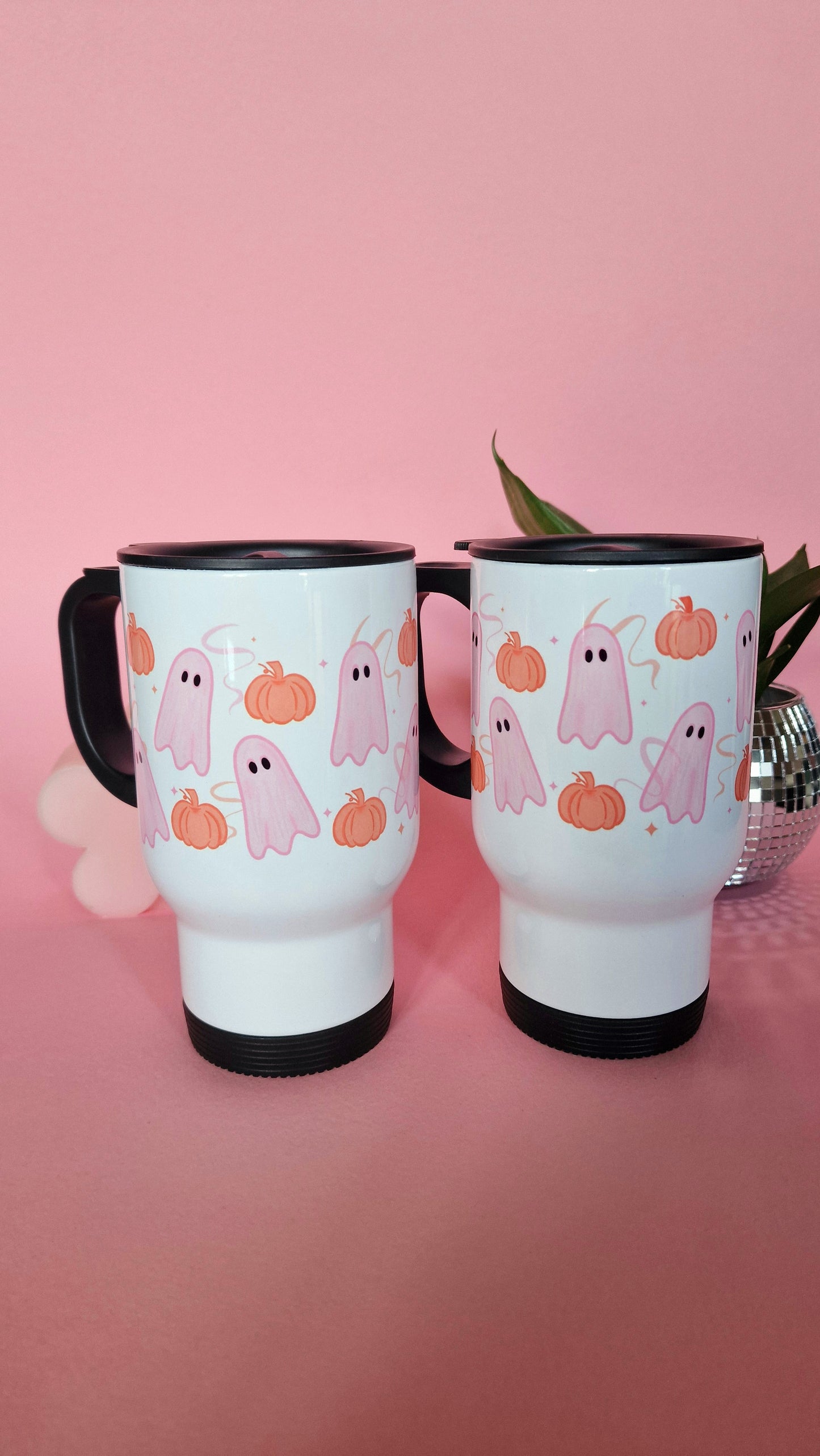 Cute Pink Ghost & Pumpkin Travel Mug