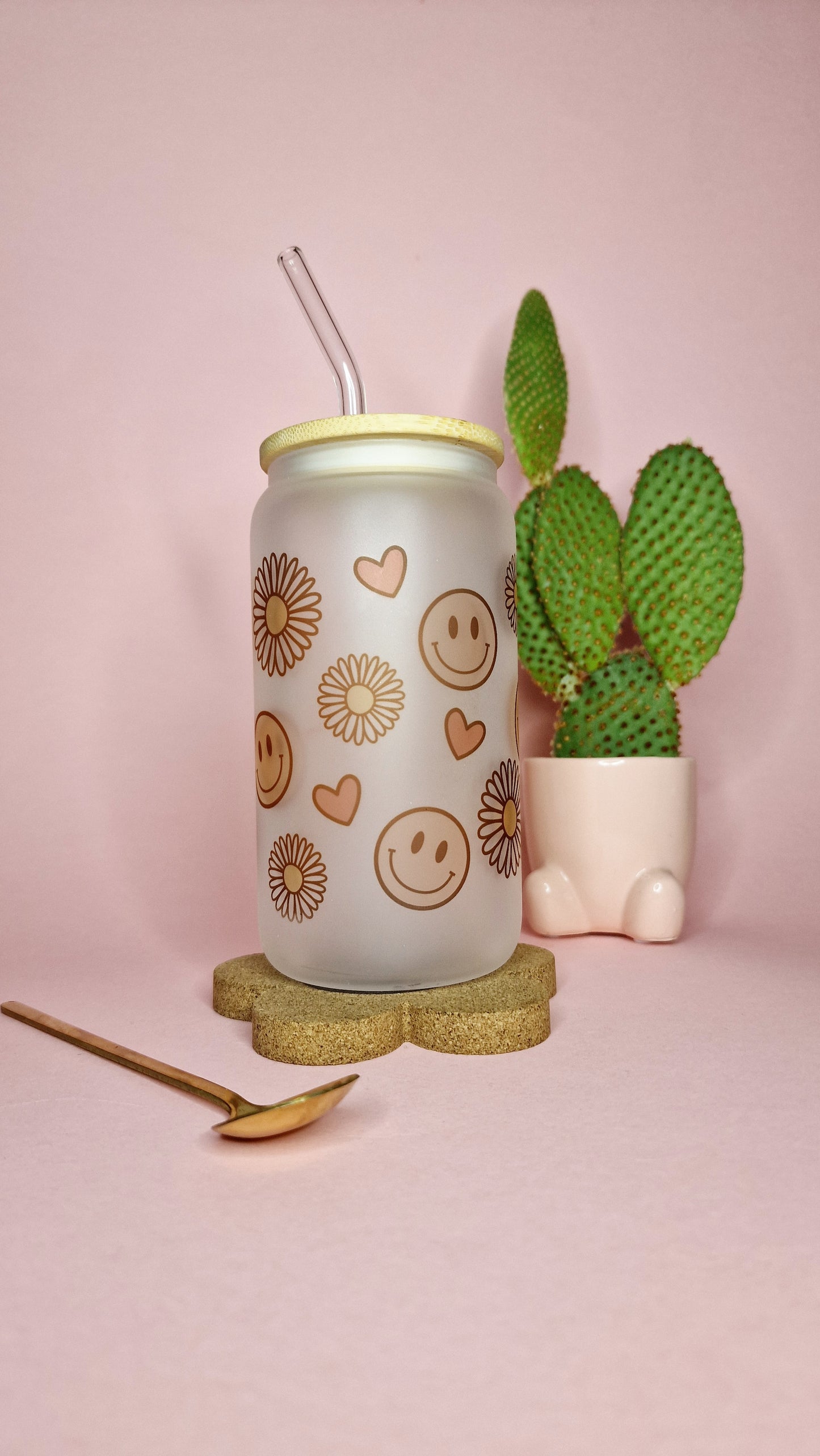 Smileys & Flowers  | 16oz glass can tumbler