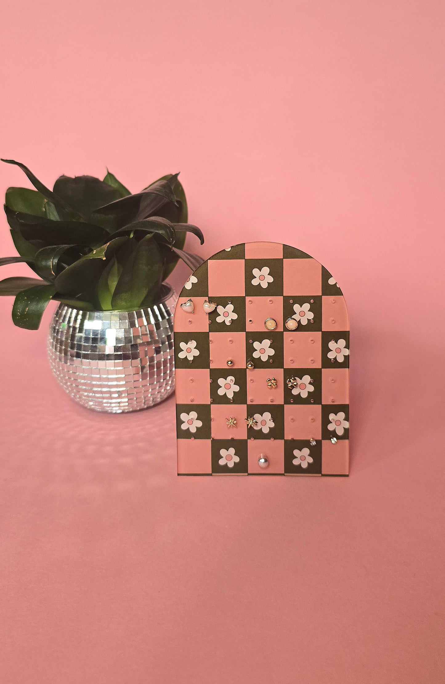 Earring Display Stand | Pink & Green Flowers | Holds 32 Pairs of Earrings | Stud Earring Jewelery Holder