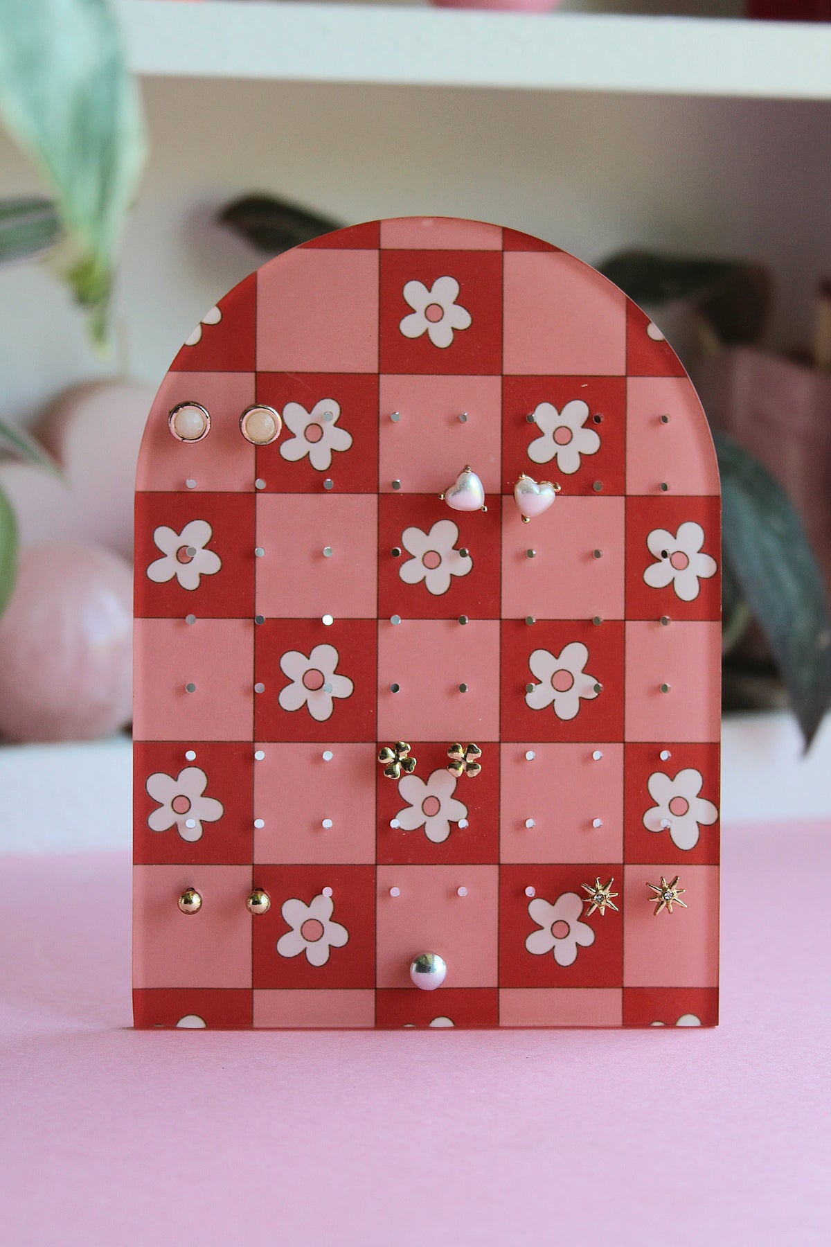 Earring Display Stand | Pink & Red Flowers | Holds 32 Pairs of Earrings | Stud Earring Jewelery Holder