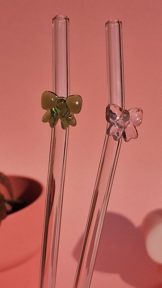 Pink & Green Glass Bow Coquette Aesthetic Pastel Glass Straws