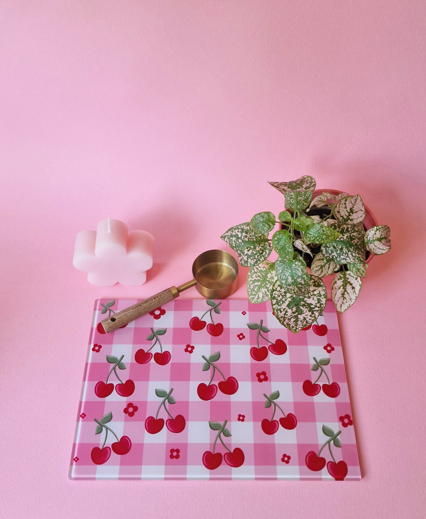 Cherry Gingham Coquette Style Glass Chopping board