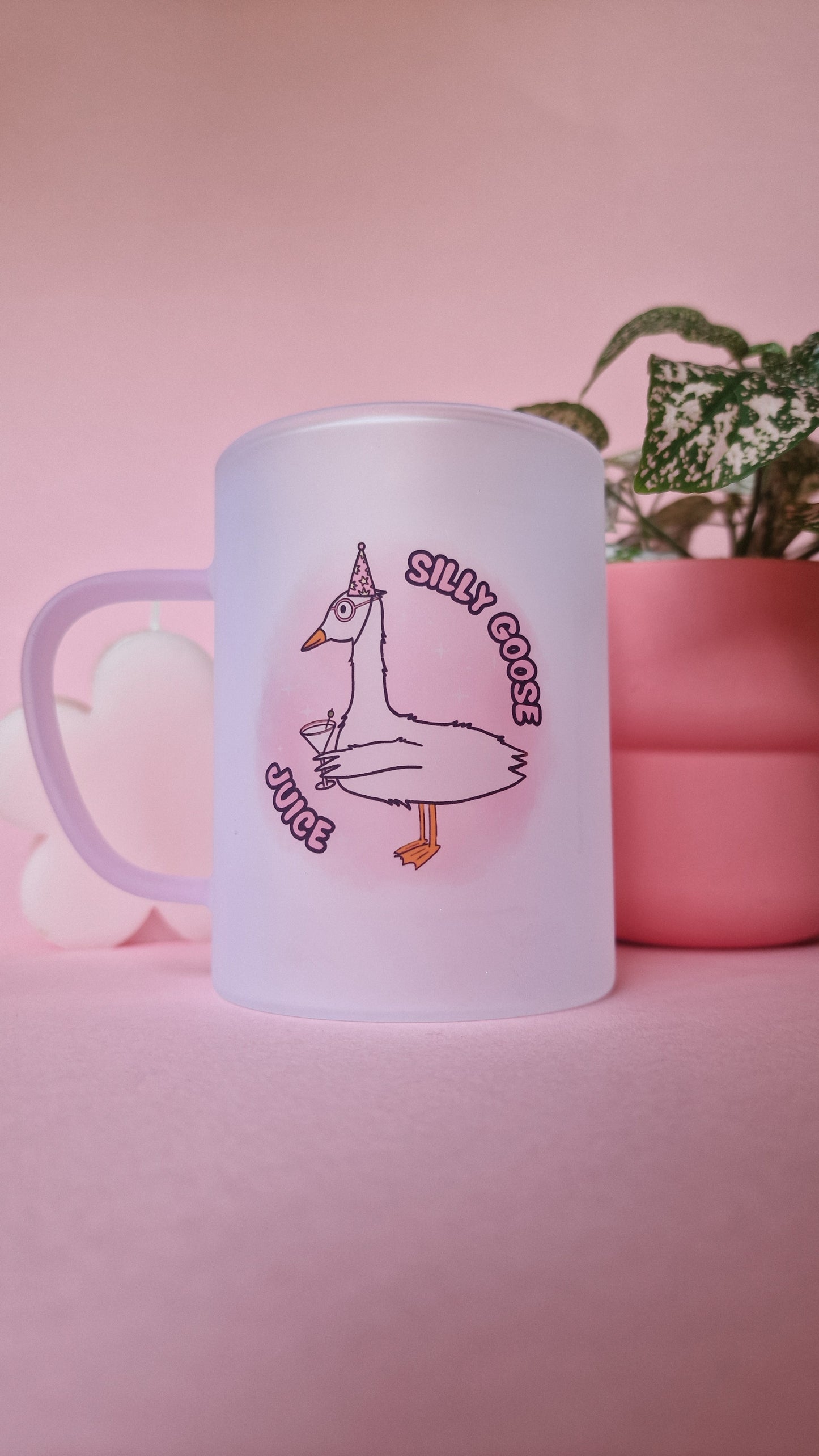 Silly Goose Juice | Pink Handled Frosted Glass Mug