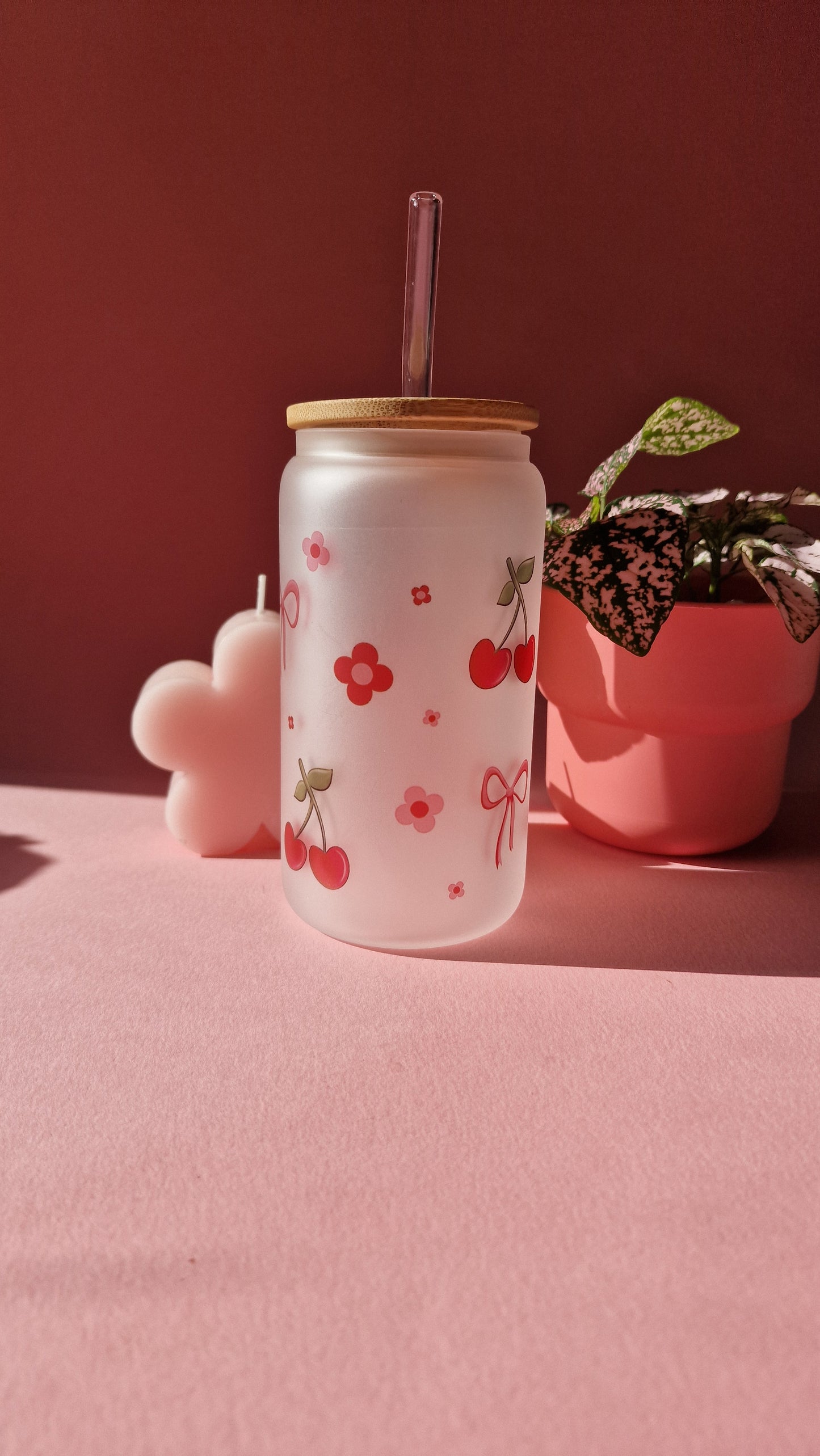 Cute Cherry Coquette Aesthetic Bows Glass Tumbler