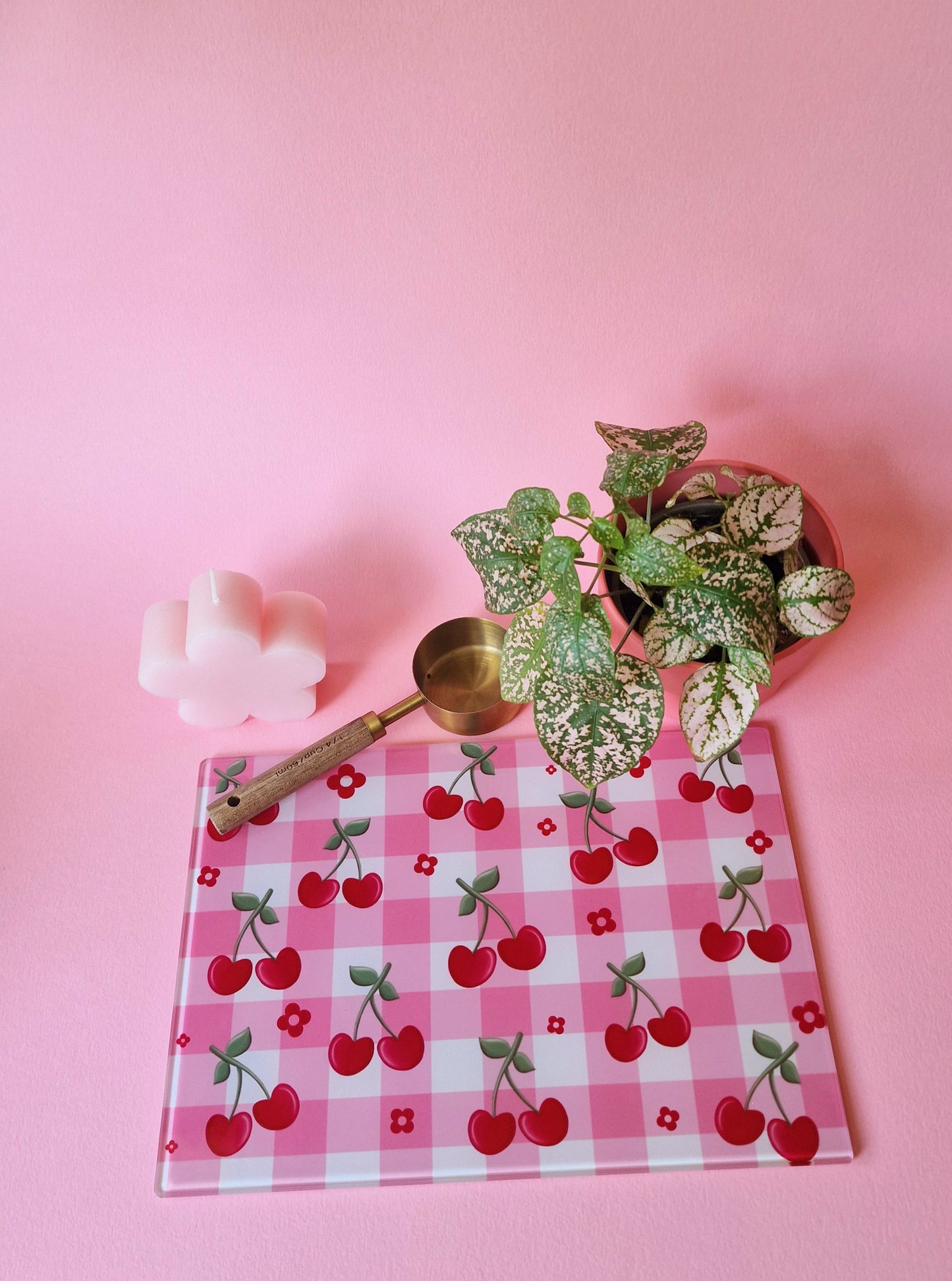 Cherry Gingham Coquette Style Glass Chopping board