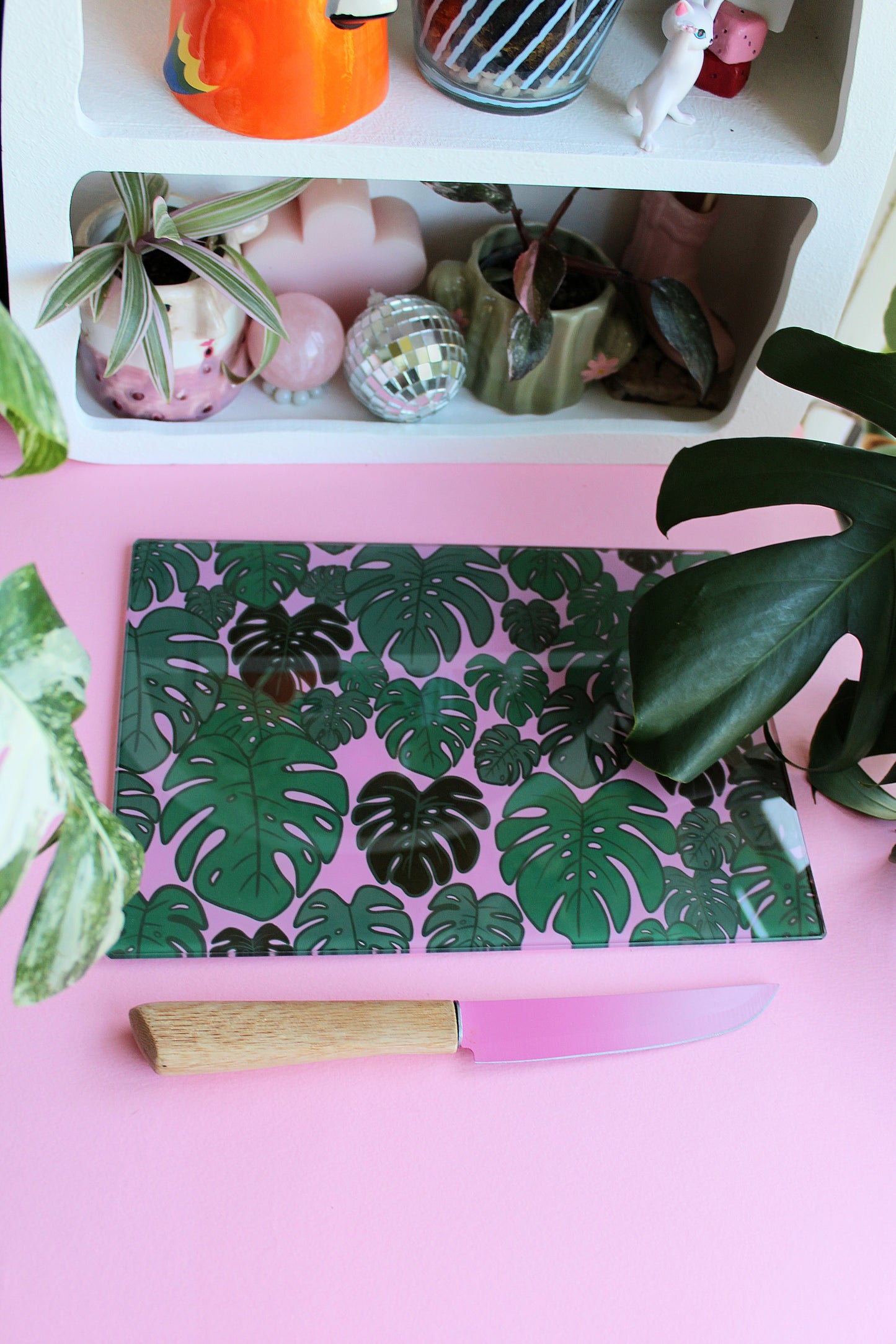 Monstera Plant Pink Glass Chopping Board