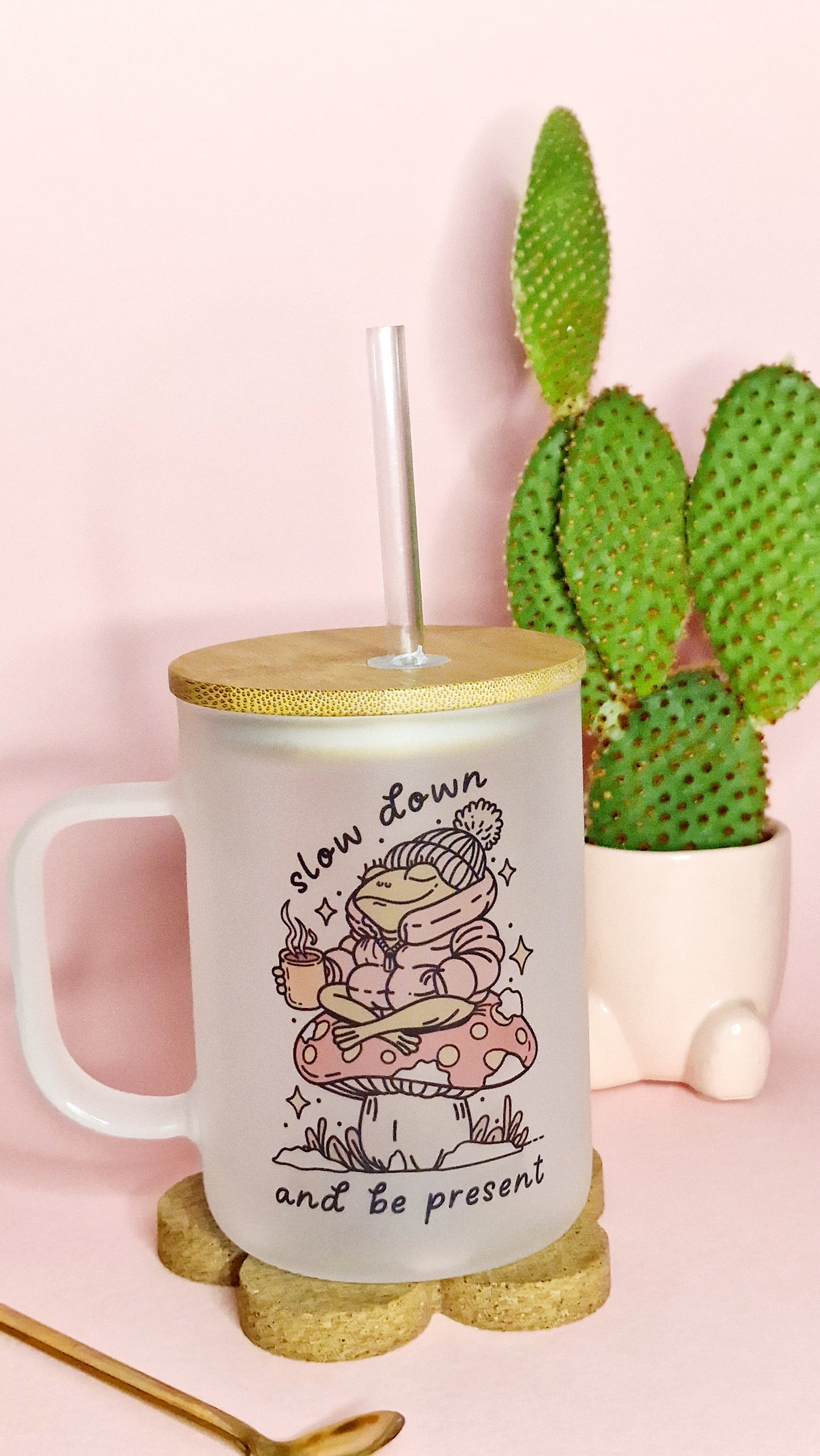 Slow Down | Large Lidded 17oz Frosted Glass Mug