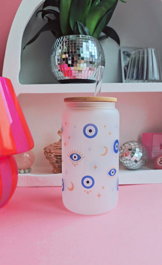 Blue Evil Eye Protection Glass | Glass Can Tumbler