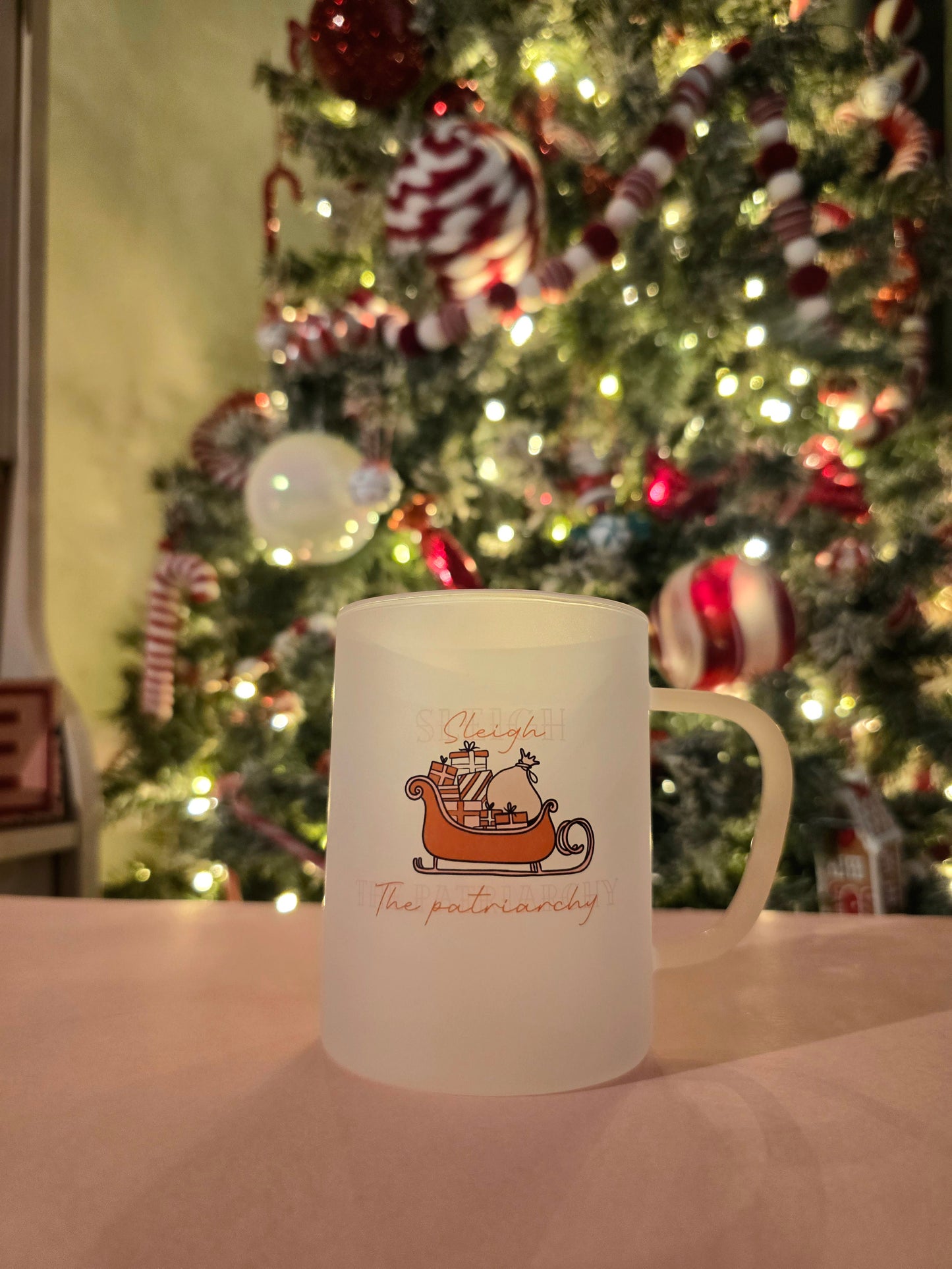 Sleigh The Patriarchy Christmas Mug | Pink Handled Frosted Glass Mug