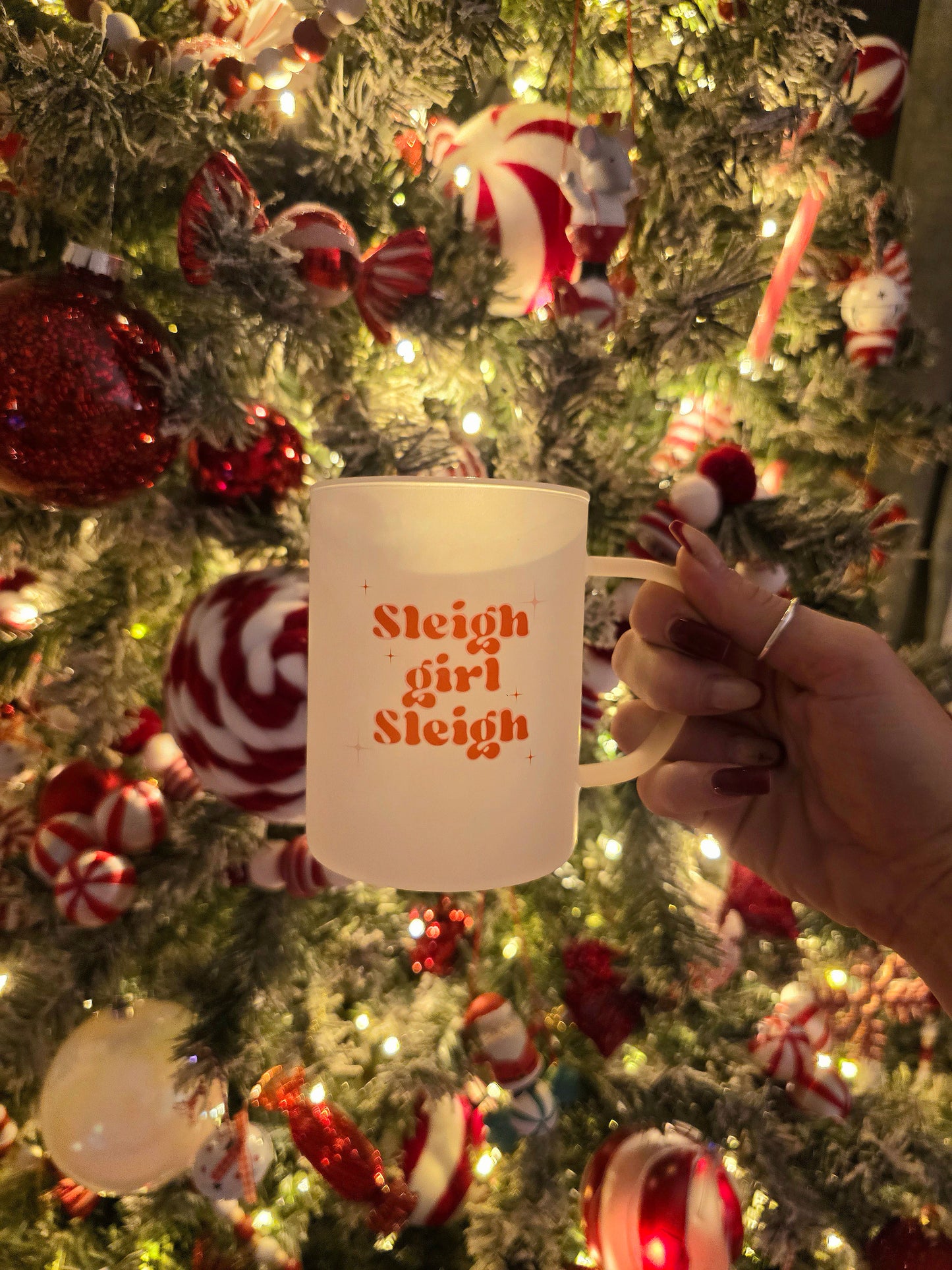 Sleigh Girl Sleigh Christmas Mug| Pink Handled Frosted Glass Mug