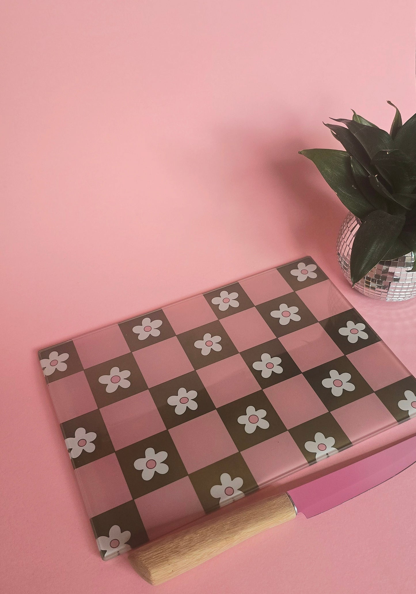 Pink & Green Flowers Glass Chopping Board