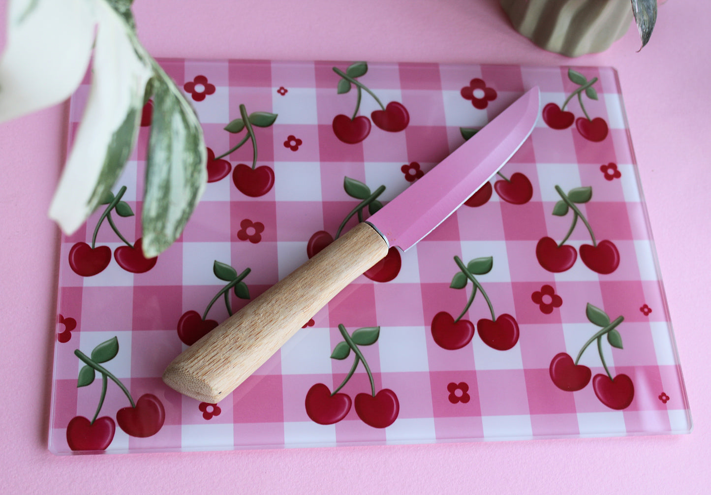 Cherry Gingham Coquette Style Glass Chopping board