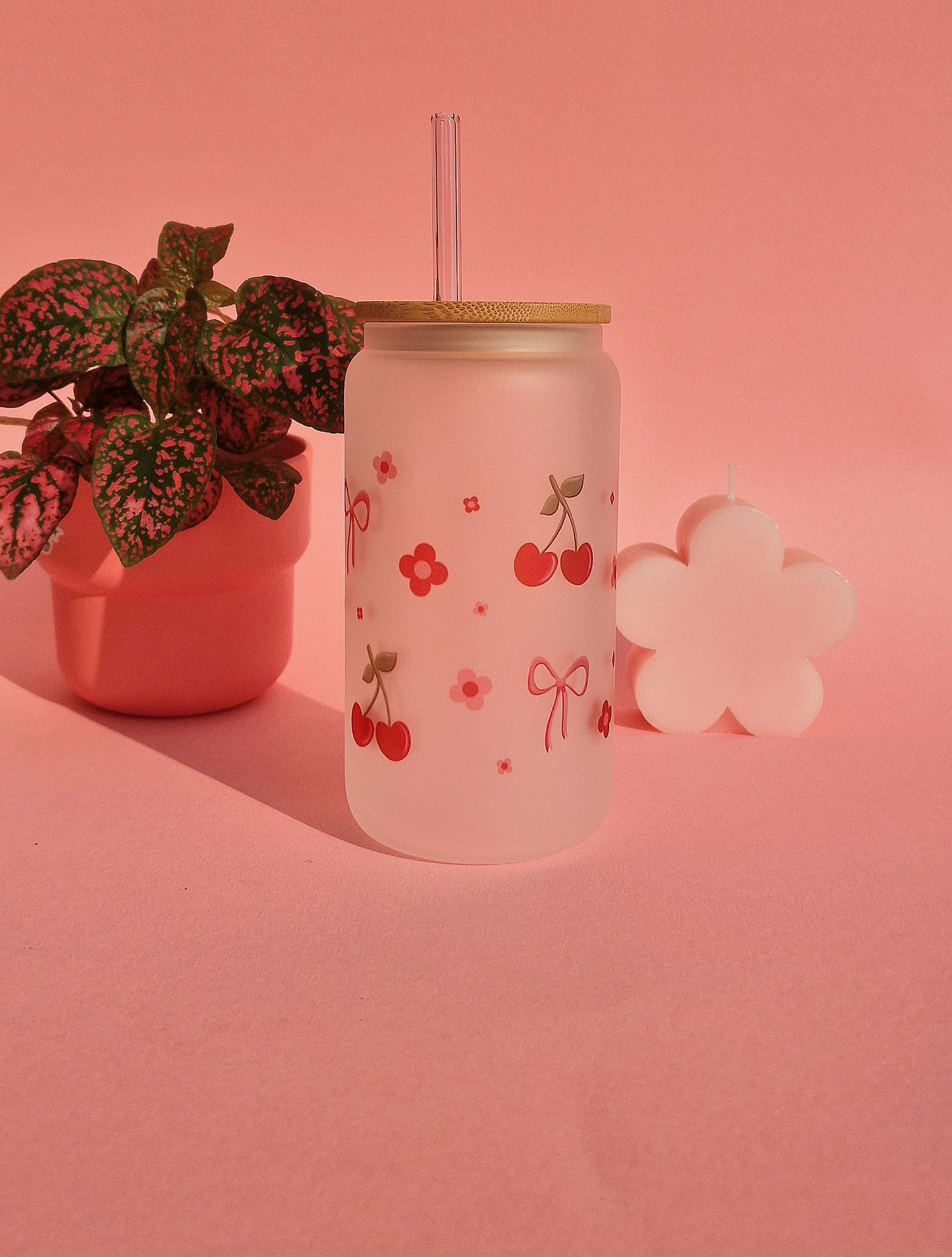 Cute Cherry Coquette Aesthetic Bows Glass Tumbler