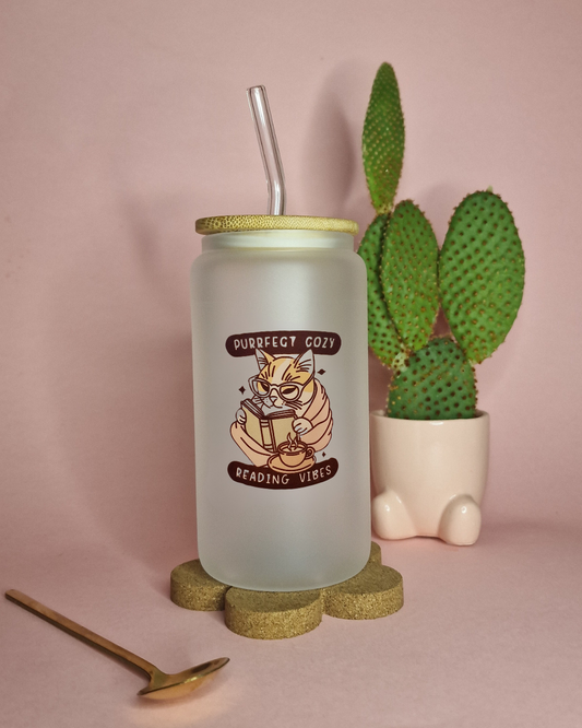 Cozy Bookish Cute Cat | 16oz Glass Can Tumbler