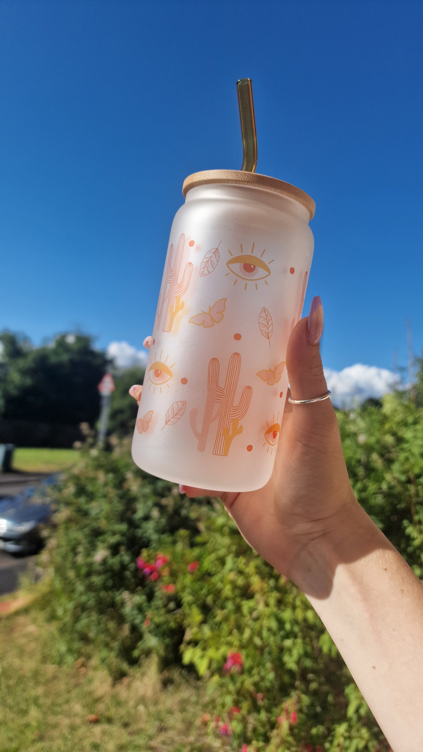 Boho Western Style Glass Tumbler With Bamboo Lid and Straw