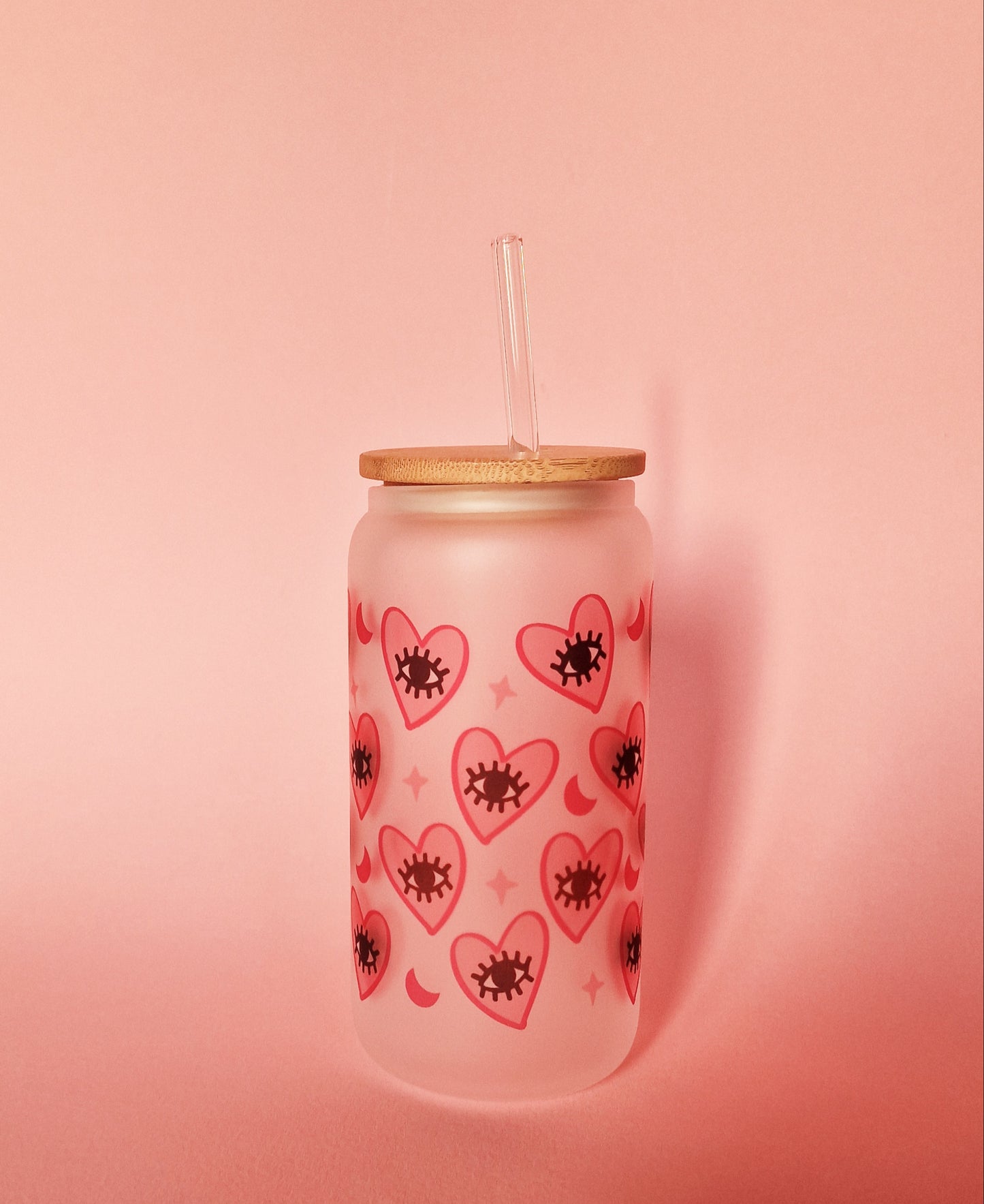 Pink Heart Evil Eye Love Protection | Glass Can Tumbler