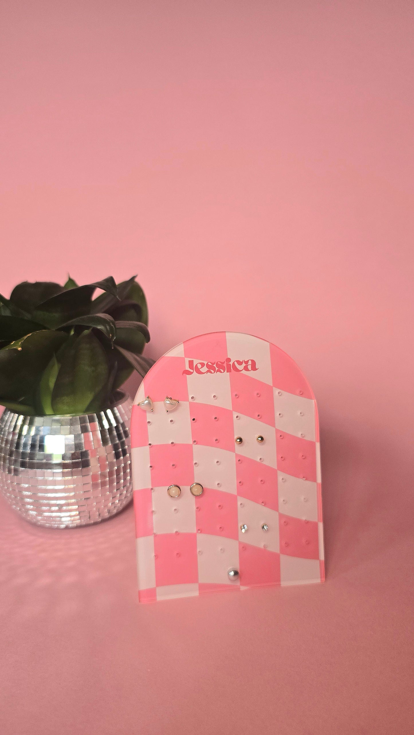 Earring Display Stand | Pink Check Personalised Stand | Holds 32 Pairs of Earrings | Stud Earring Jewelery Holder