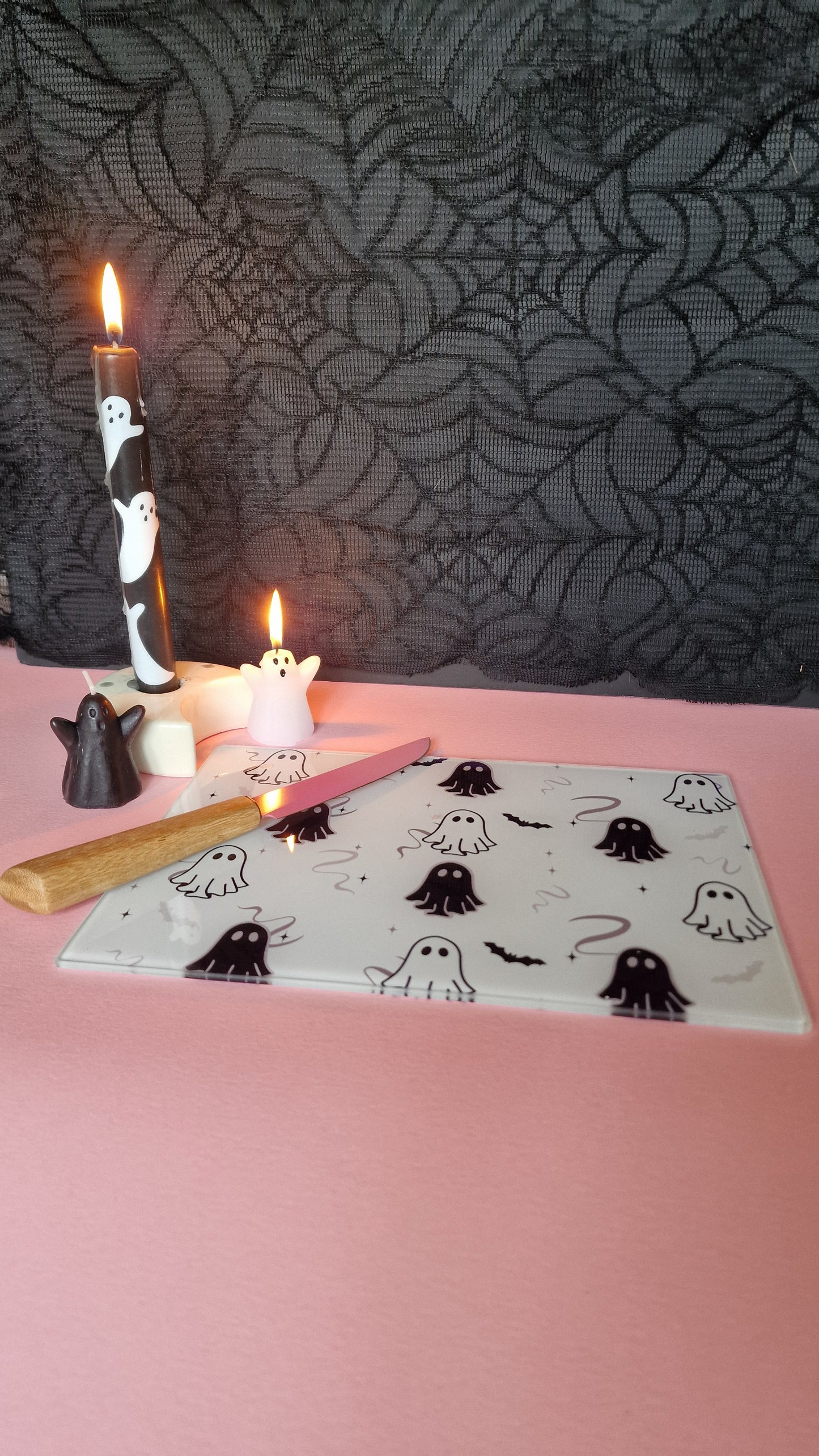 Monochrome Ghosties Glass Chopping Board