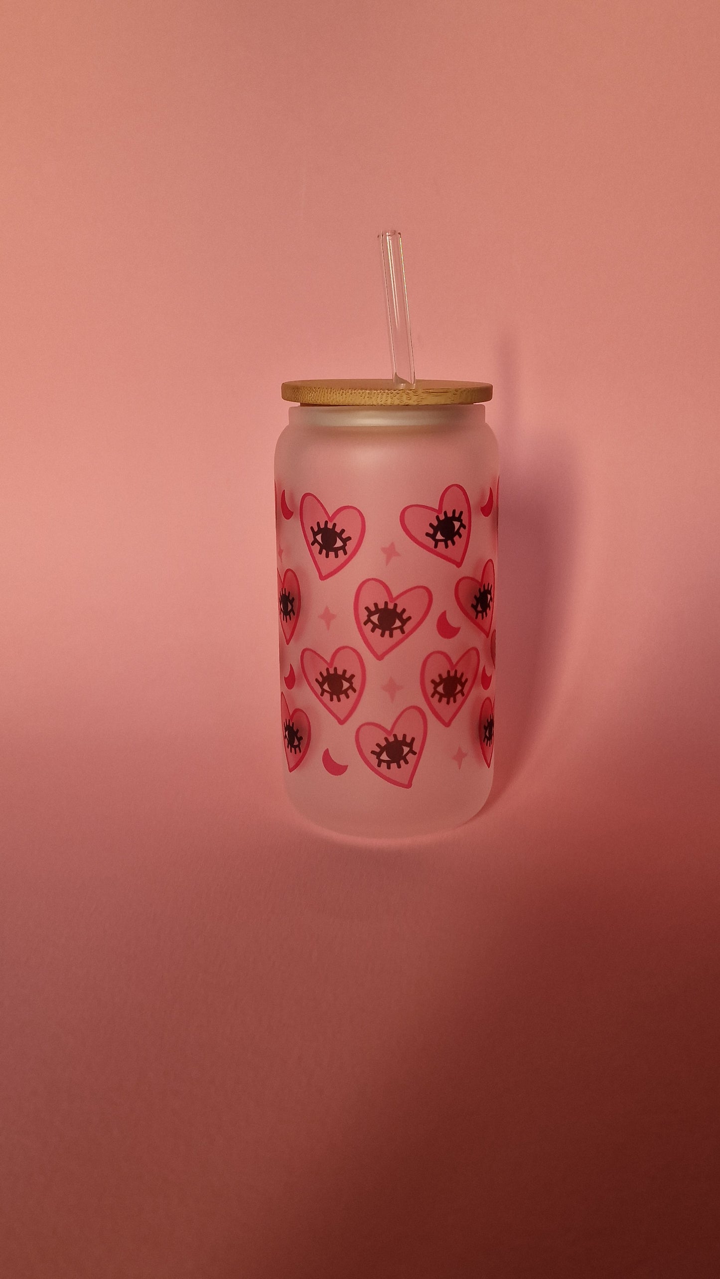 Pink Heart Evil Eye Love Protection | Glass Can Tumbler