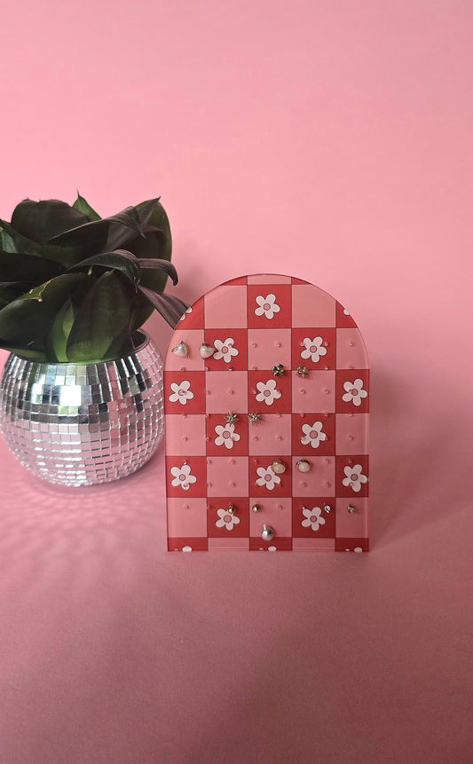 Earring Display Stand | Pink & Red Flowers | Holds 32 Pairs of Earrings | Stud Earring Jewelery Holder