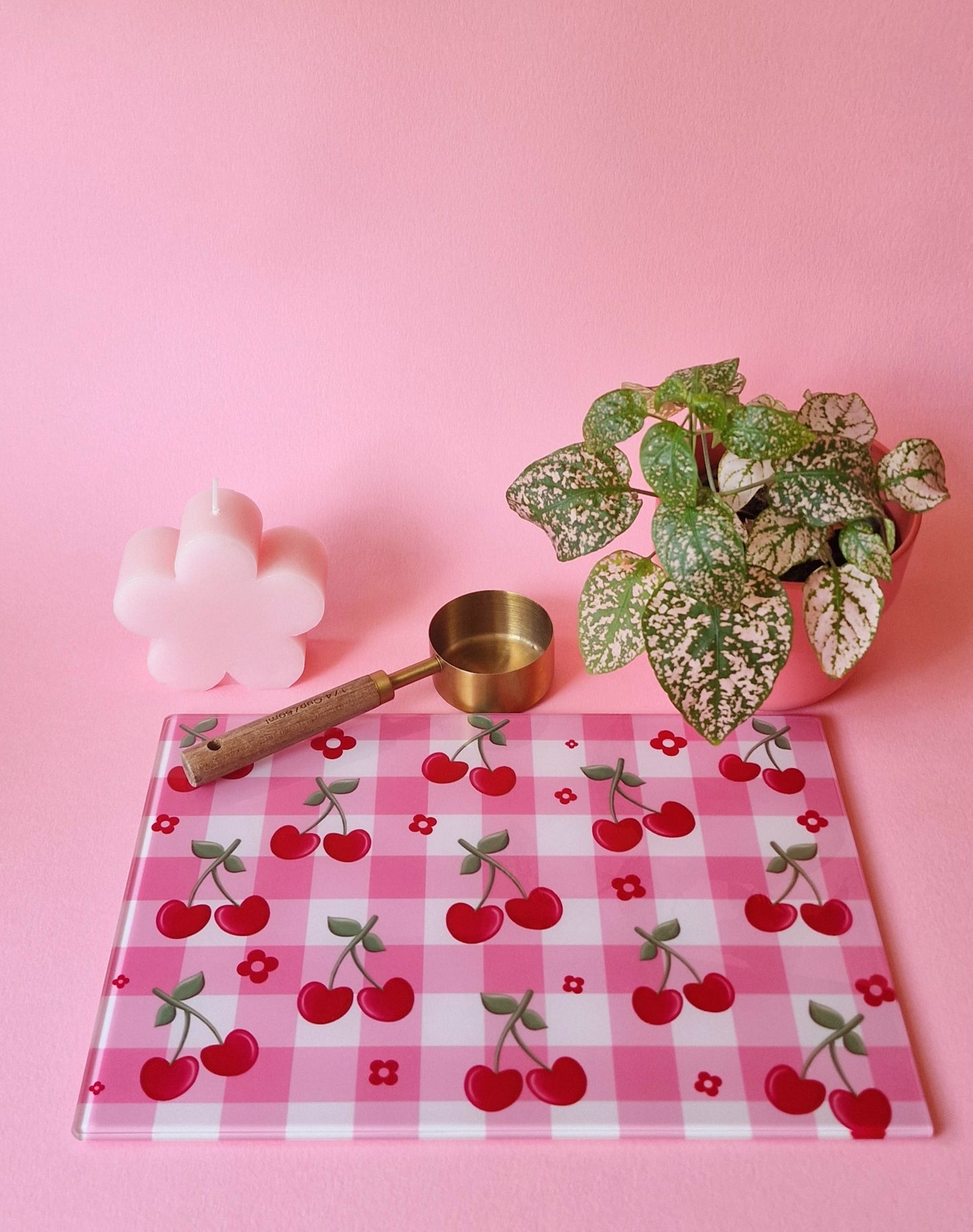 Cherry Gingham Coquette Style Glass Chopping board