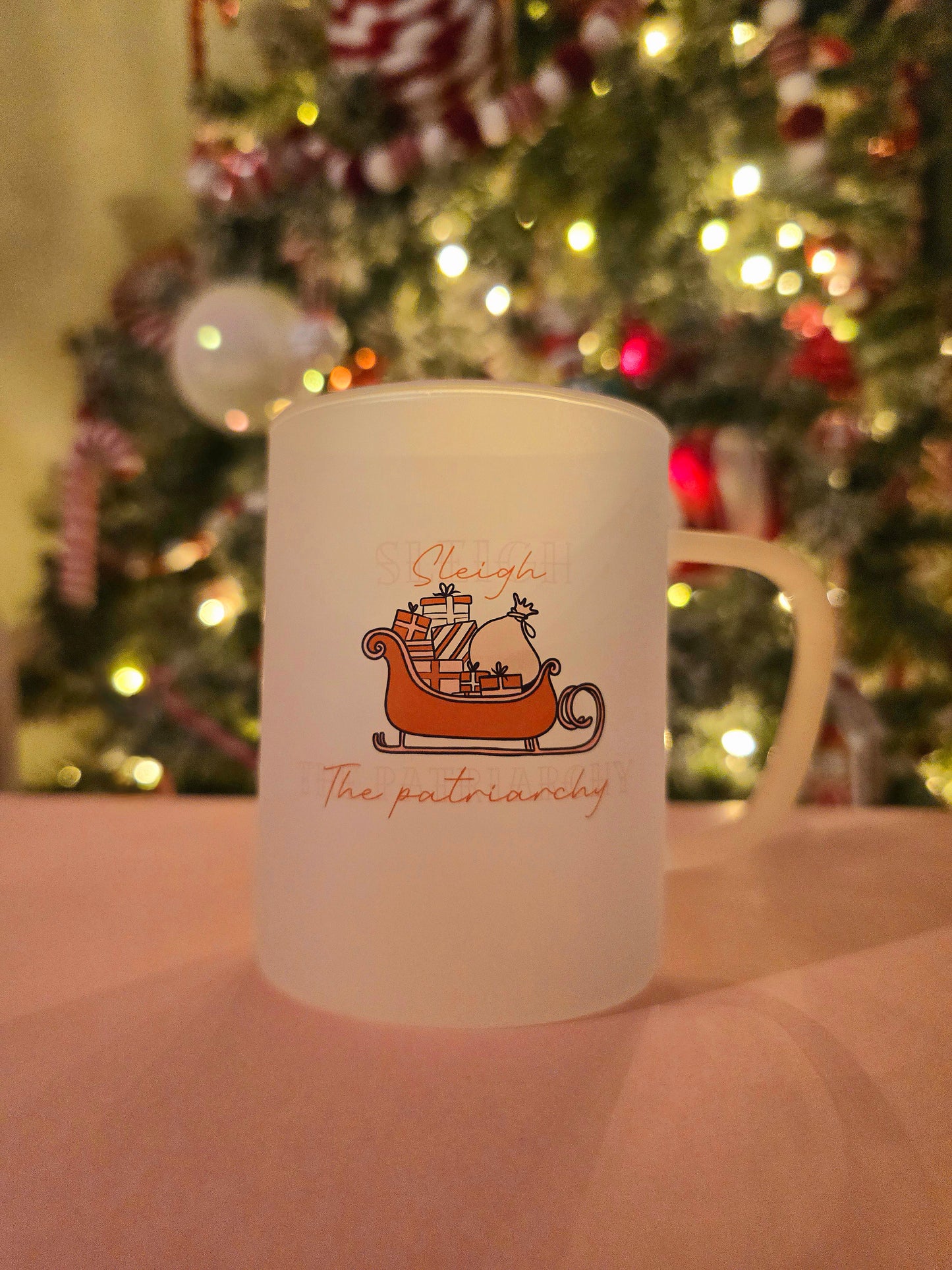 Sleigh The Patriarchy Christmas Mug | Pink Handled Frosted Glass Mug